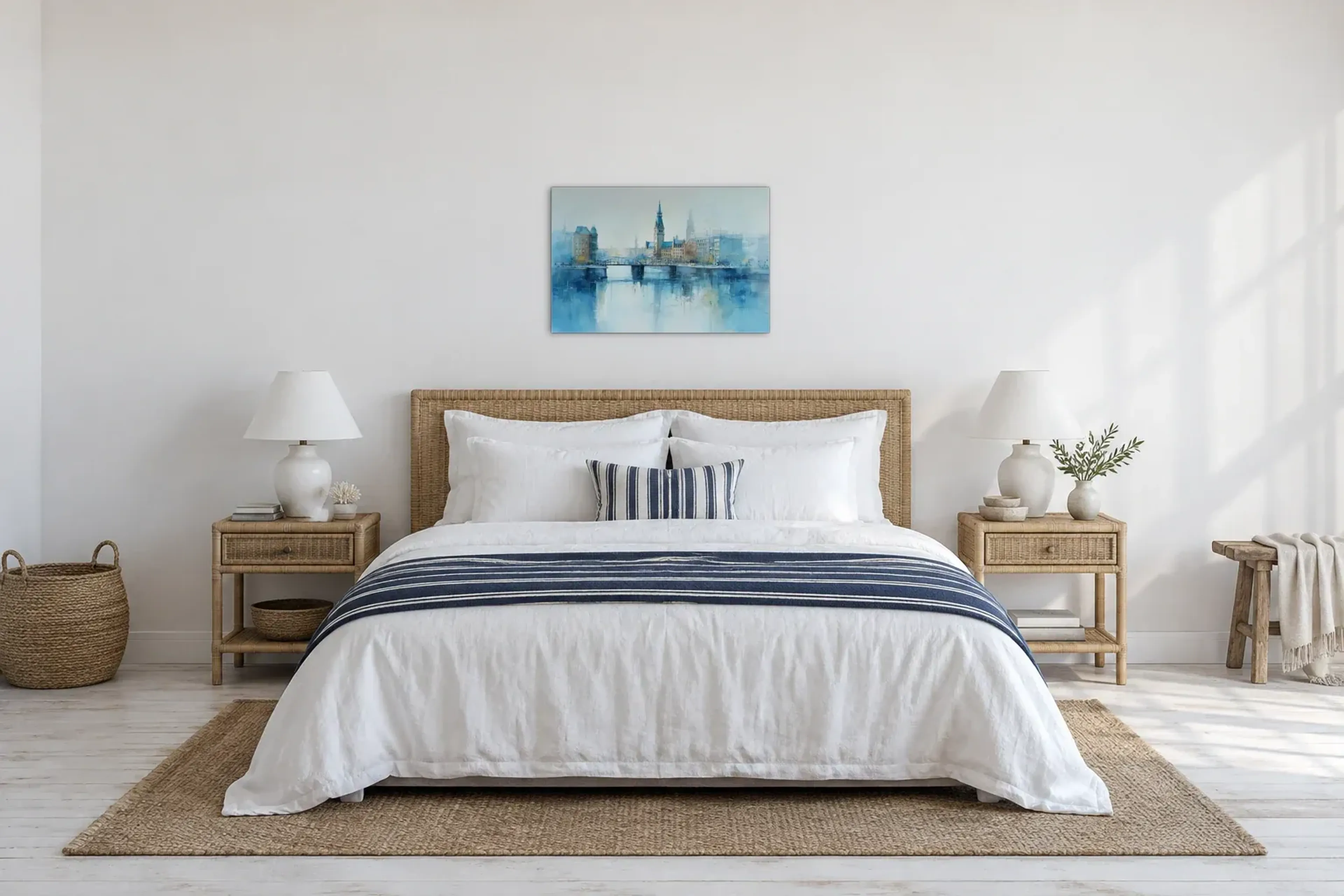 Brücken im blauen Dunst als Wandbild über einem 180-cm-Bett
