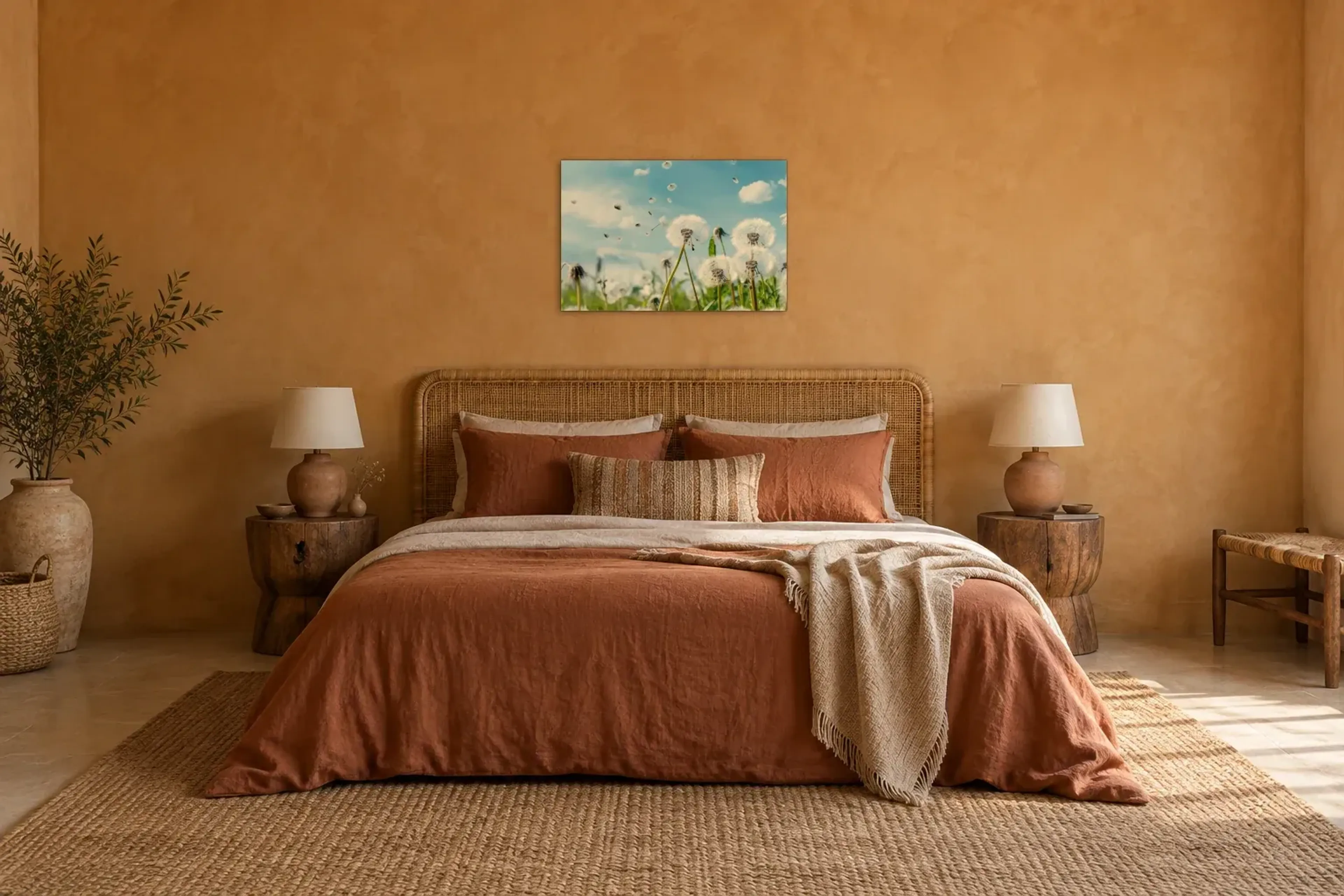 Pusteblumen im Wind als Wandbild über einem 180-cm-Bett