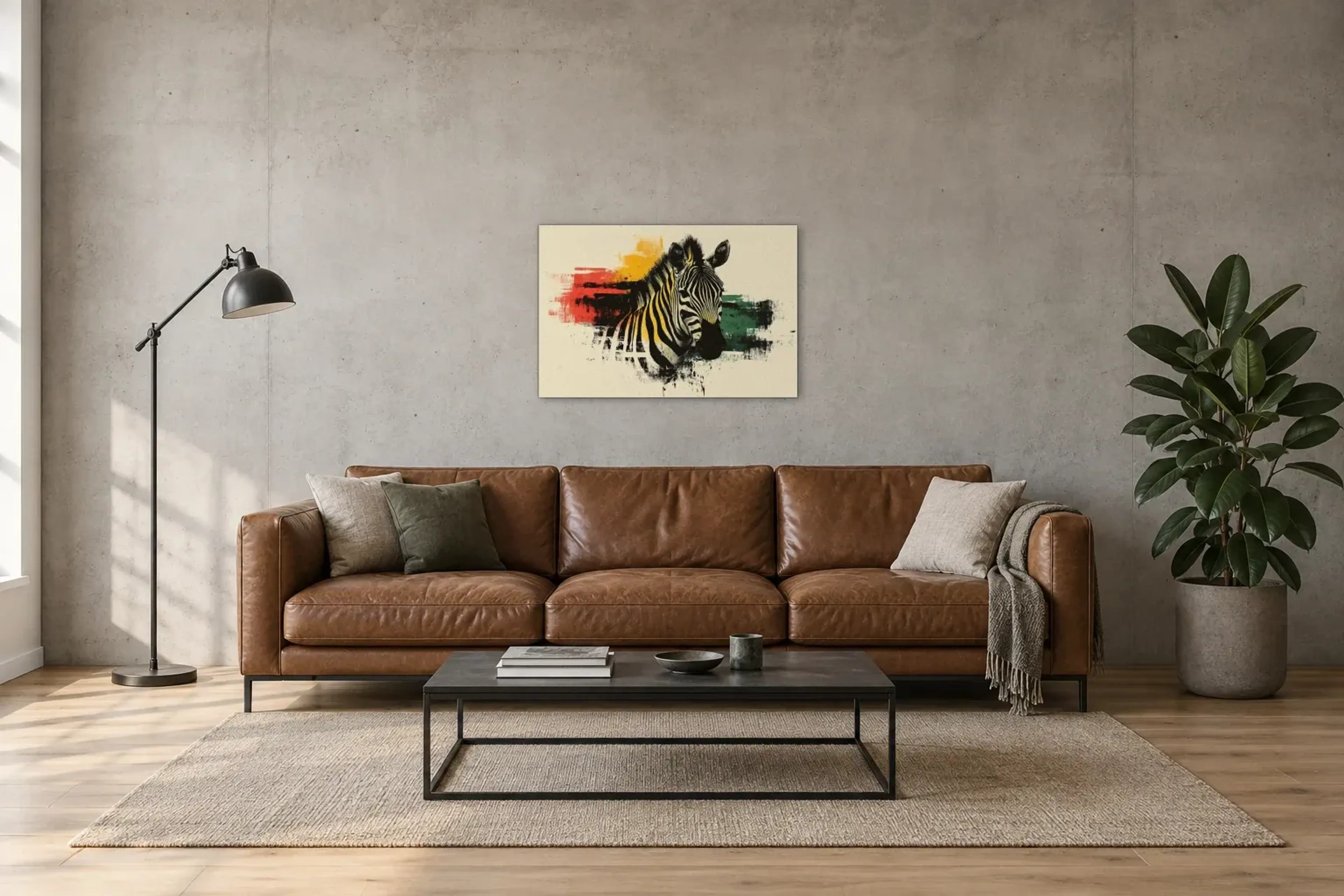 Zebra mit Farbspuren als Wandbild über einem 220-cm-Sofa