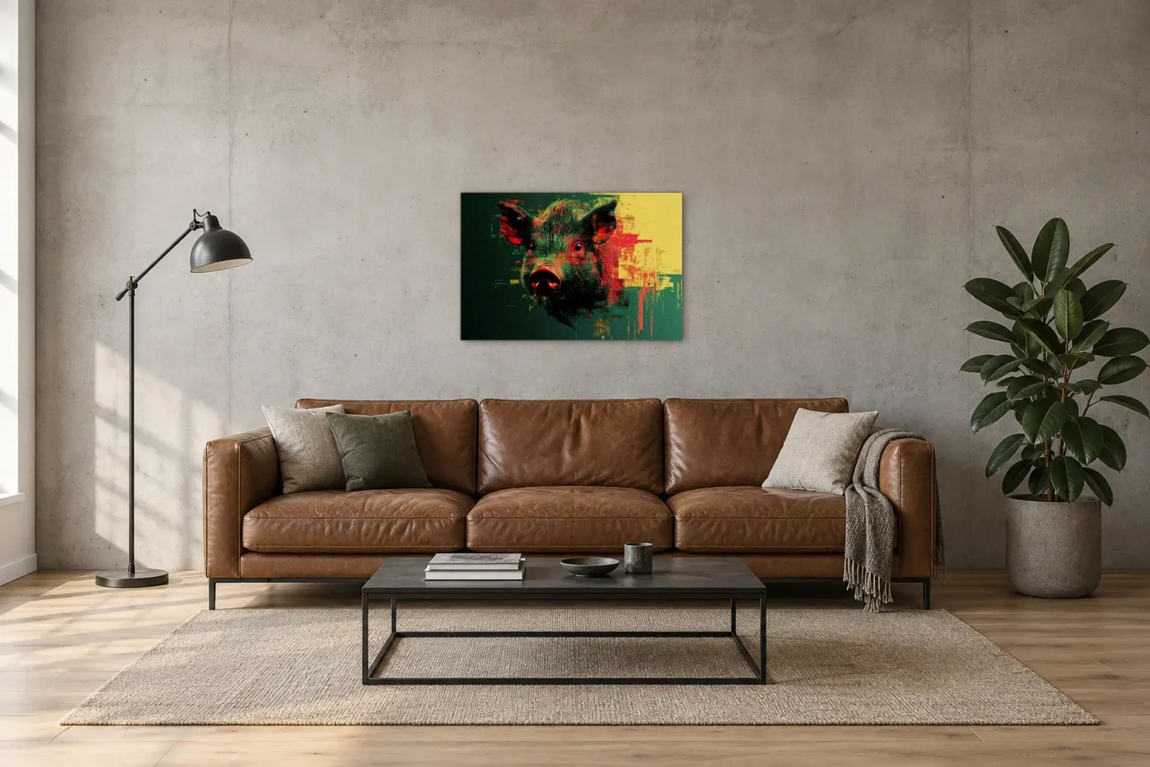Wildschwein in Grün und Gelb als Wandbild über einem 220-cm-Sofa
