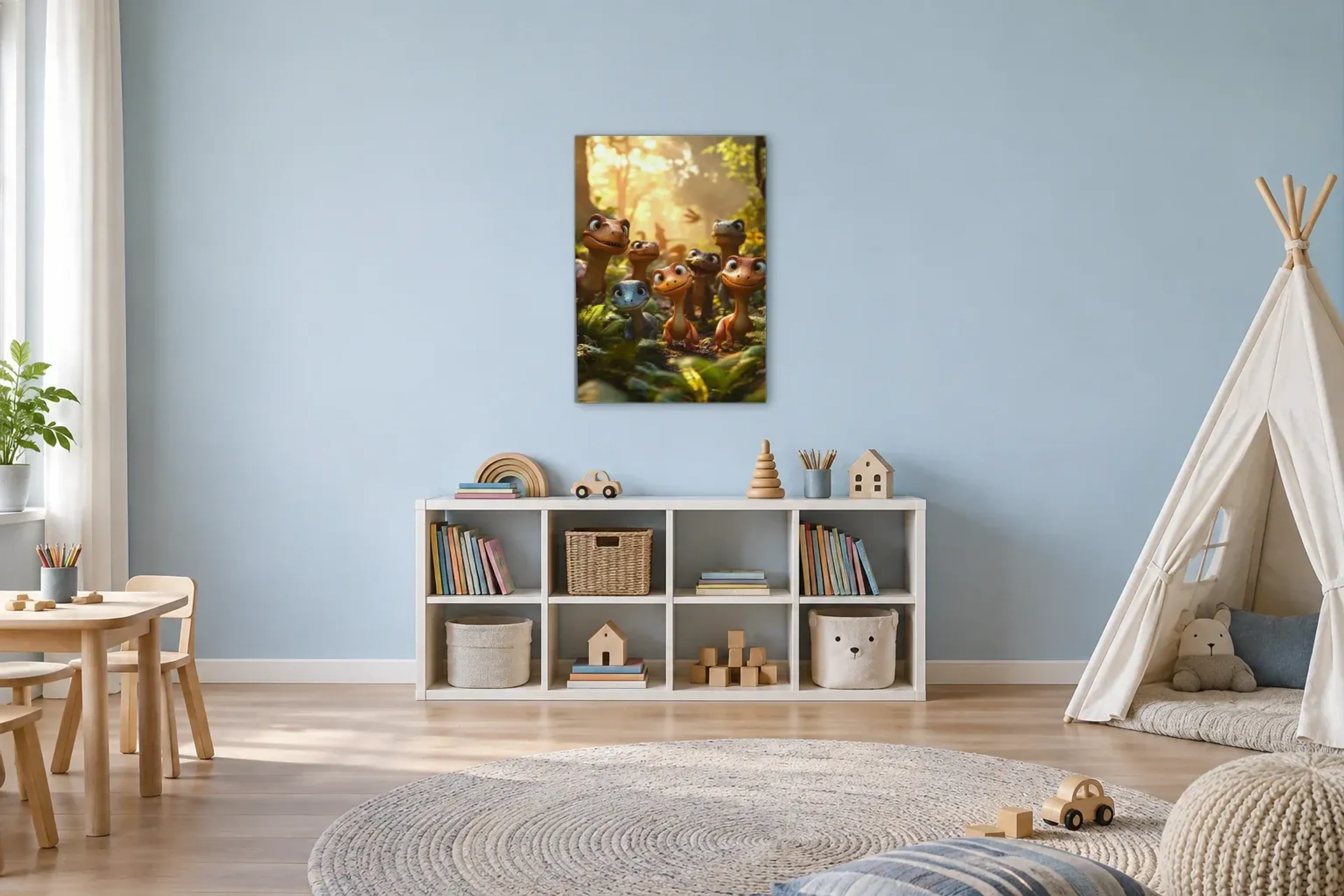 Dinofreunde im Sonnenwald als Wandbild über einem 120-cm-Spielregal