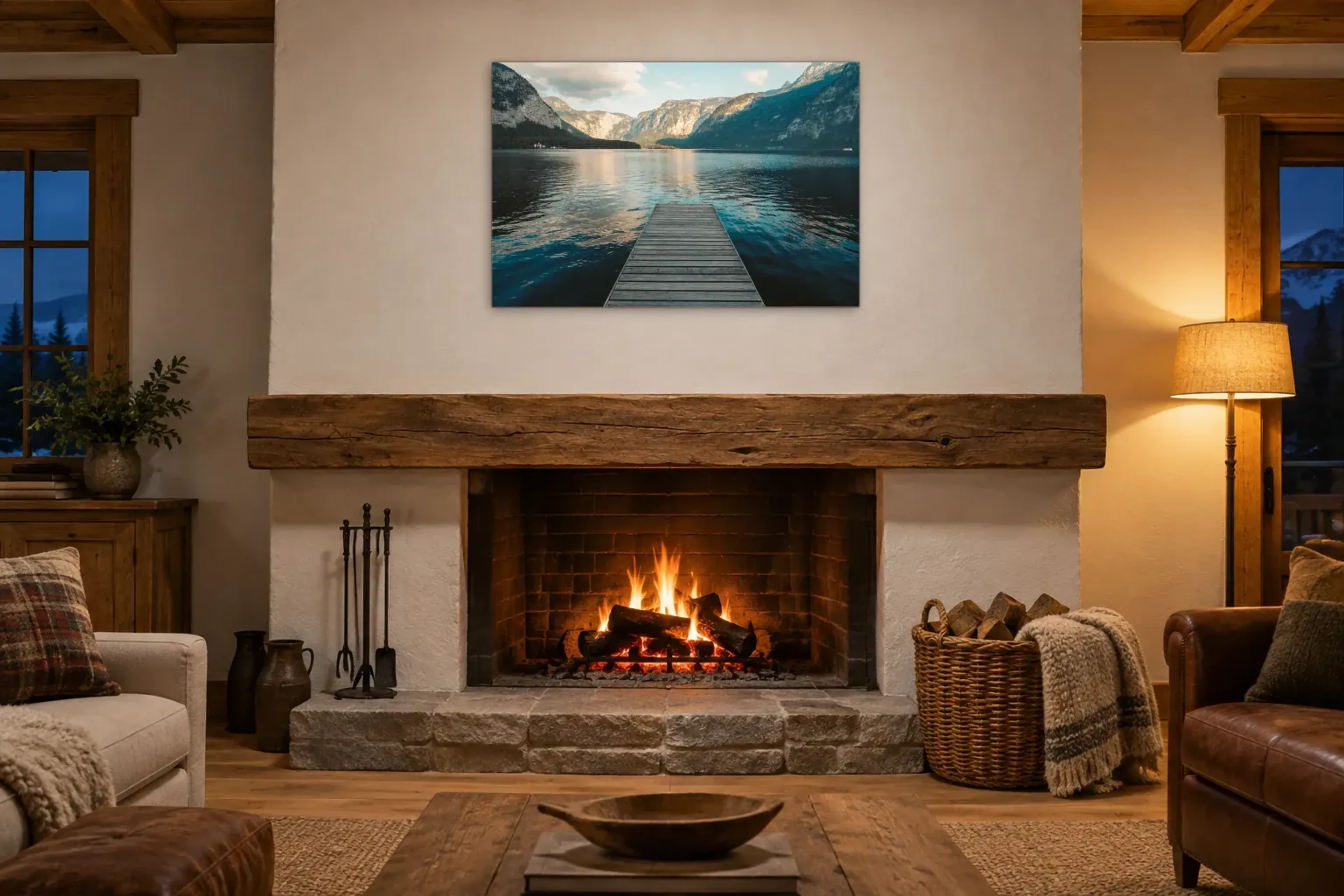 Steg am Bergsee als Wandbild über einem 180-cm-Kaminsims