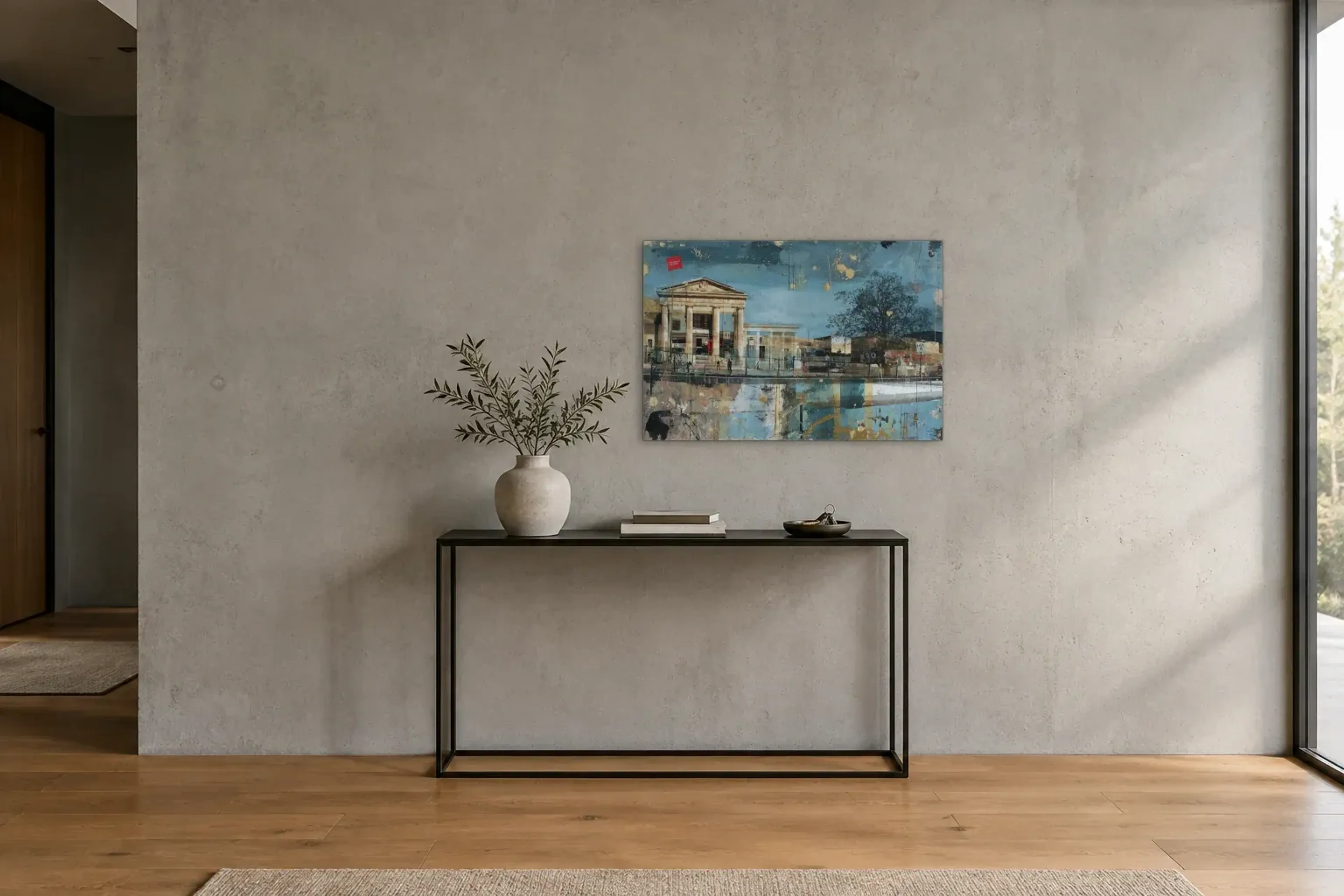 Berlin in Farbschichten als Wandbild über einer 120-cm-Konsole