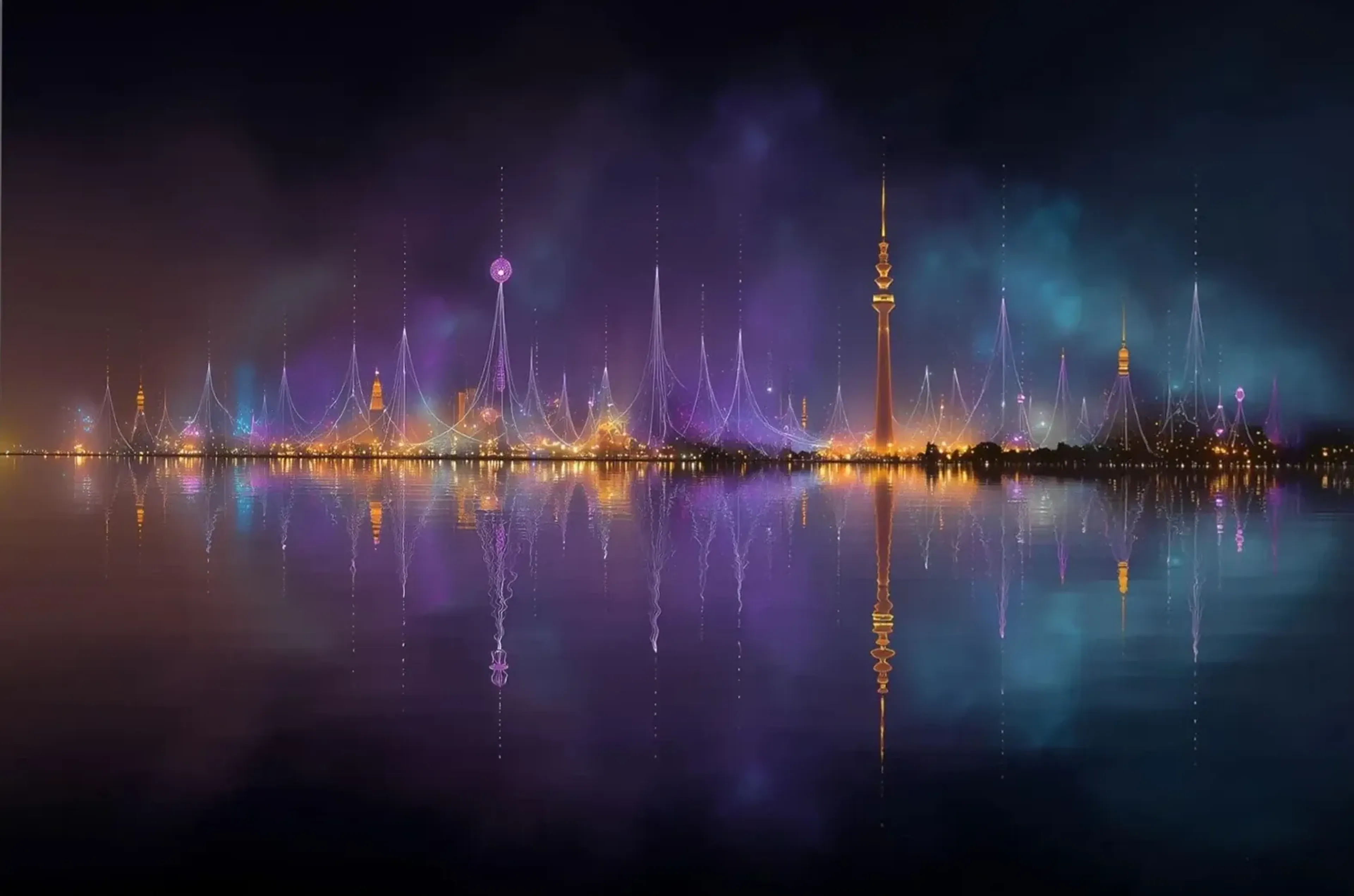 Goldene Türme und filigrane violette Lichtspitzen spiegeln sich unter einem dunklen Himmel im Wasser.