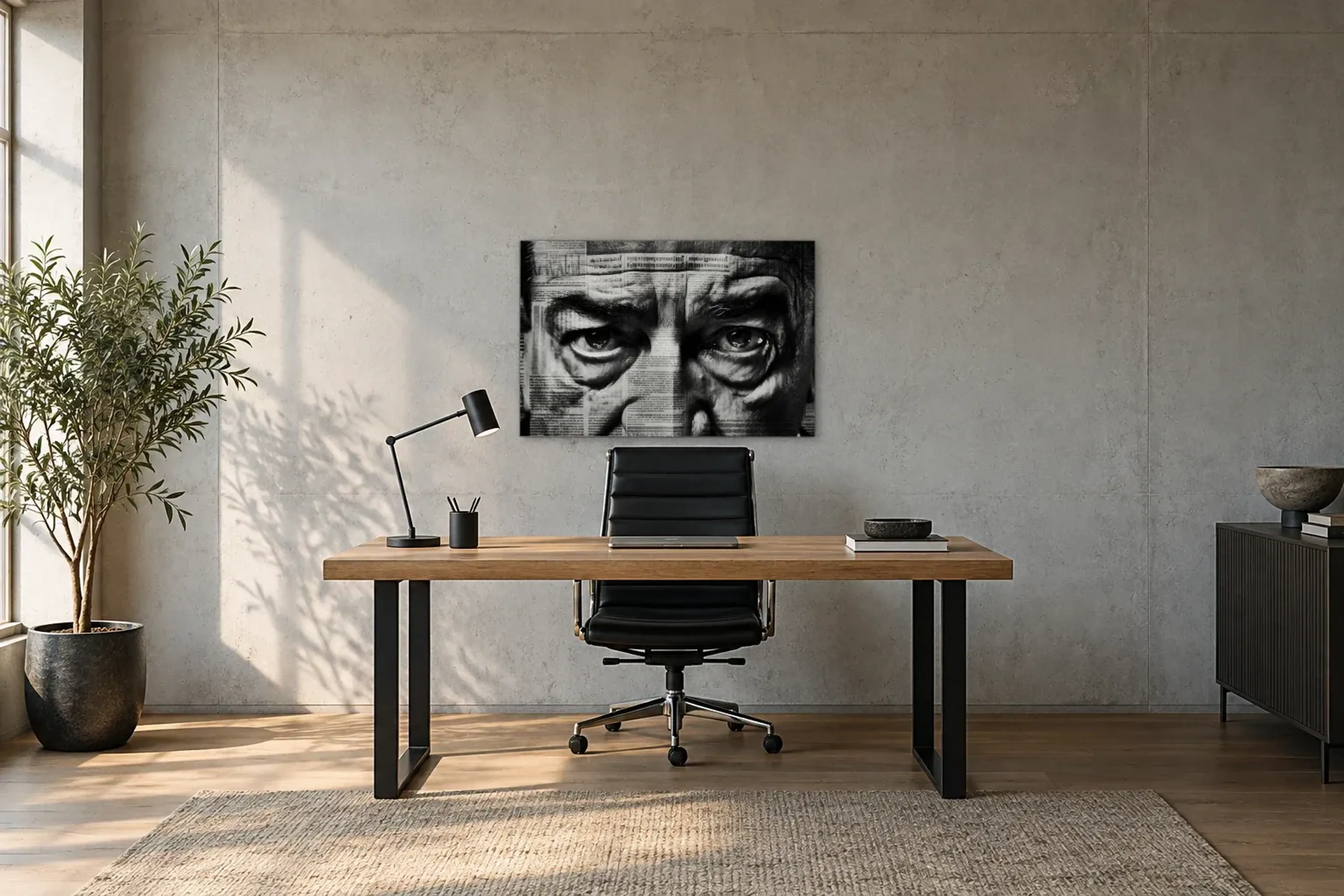 Blick durch Zeitung als Wandbild über einem 160-cm-Schreibtisch