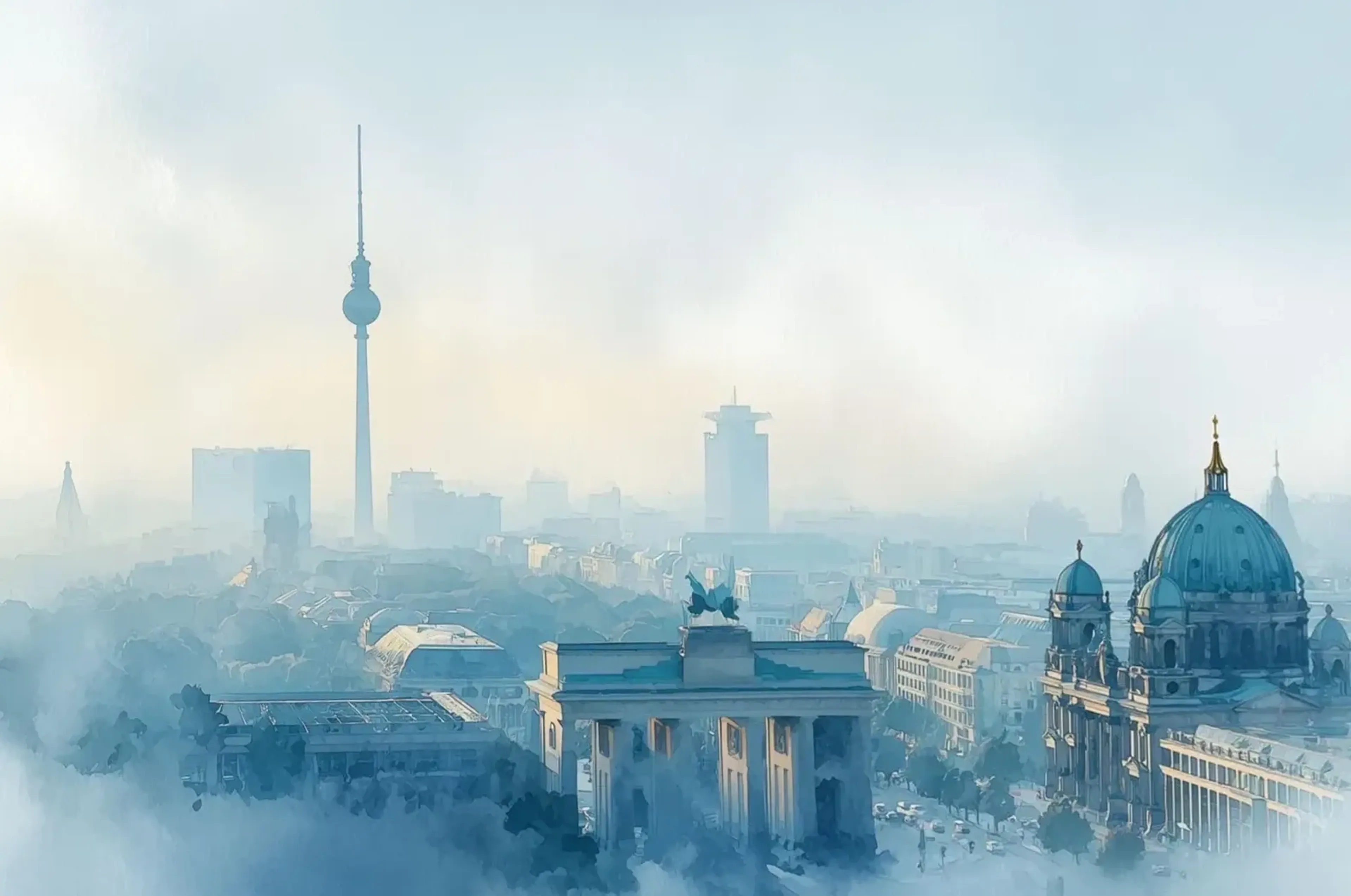 Helle Berliner Stadtansicht mit Brandenburger Tor, Fernsehturm und Berliner Dom in blaugrauem Dunst.