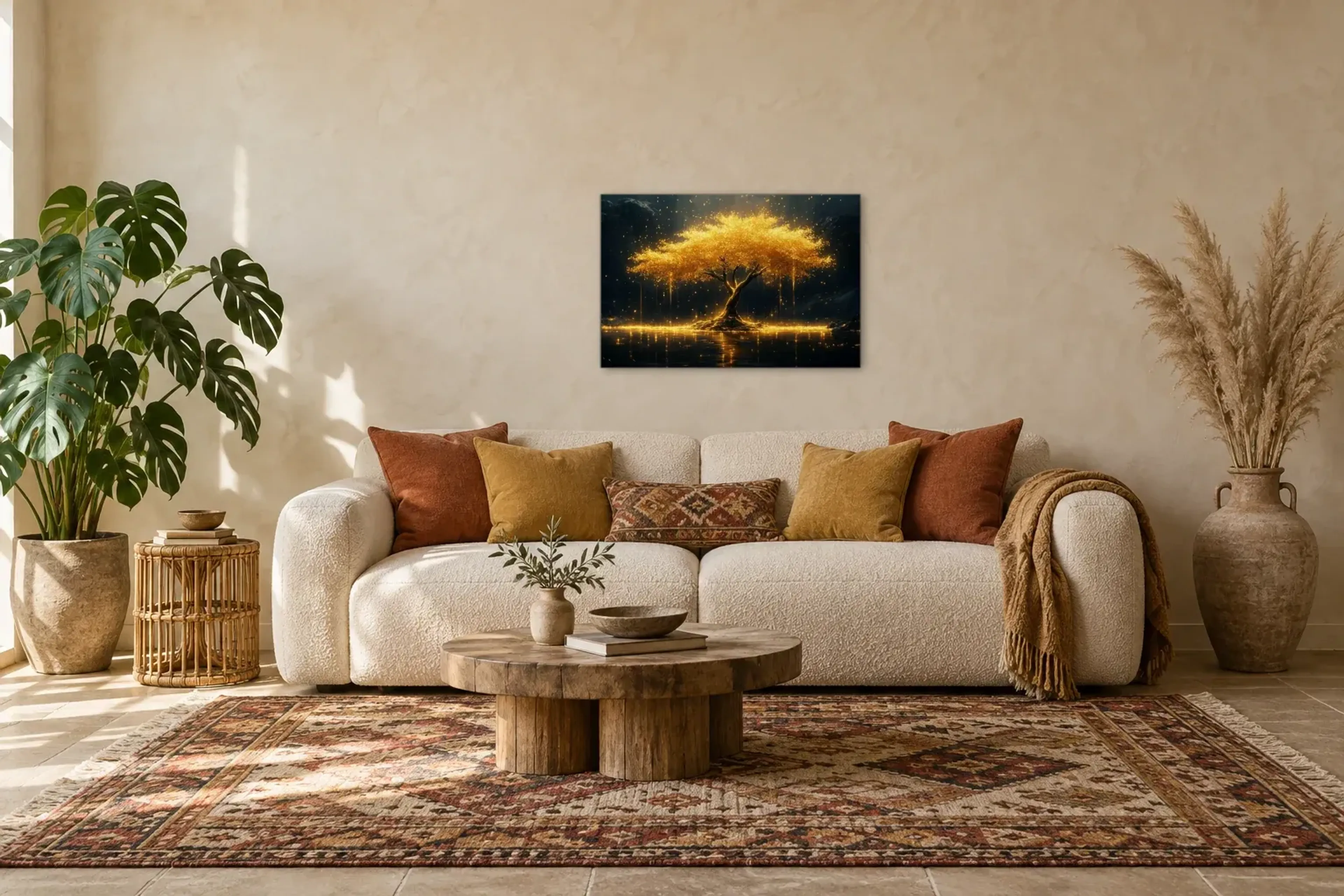 Glühende Krone als Wandbild über einem 220-cm-Sofa
