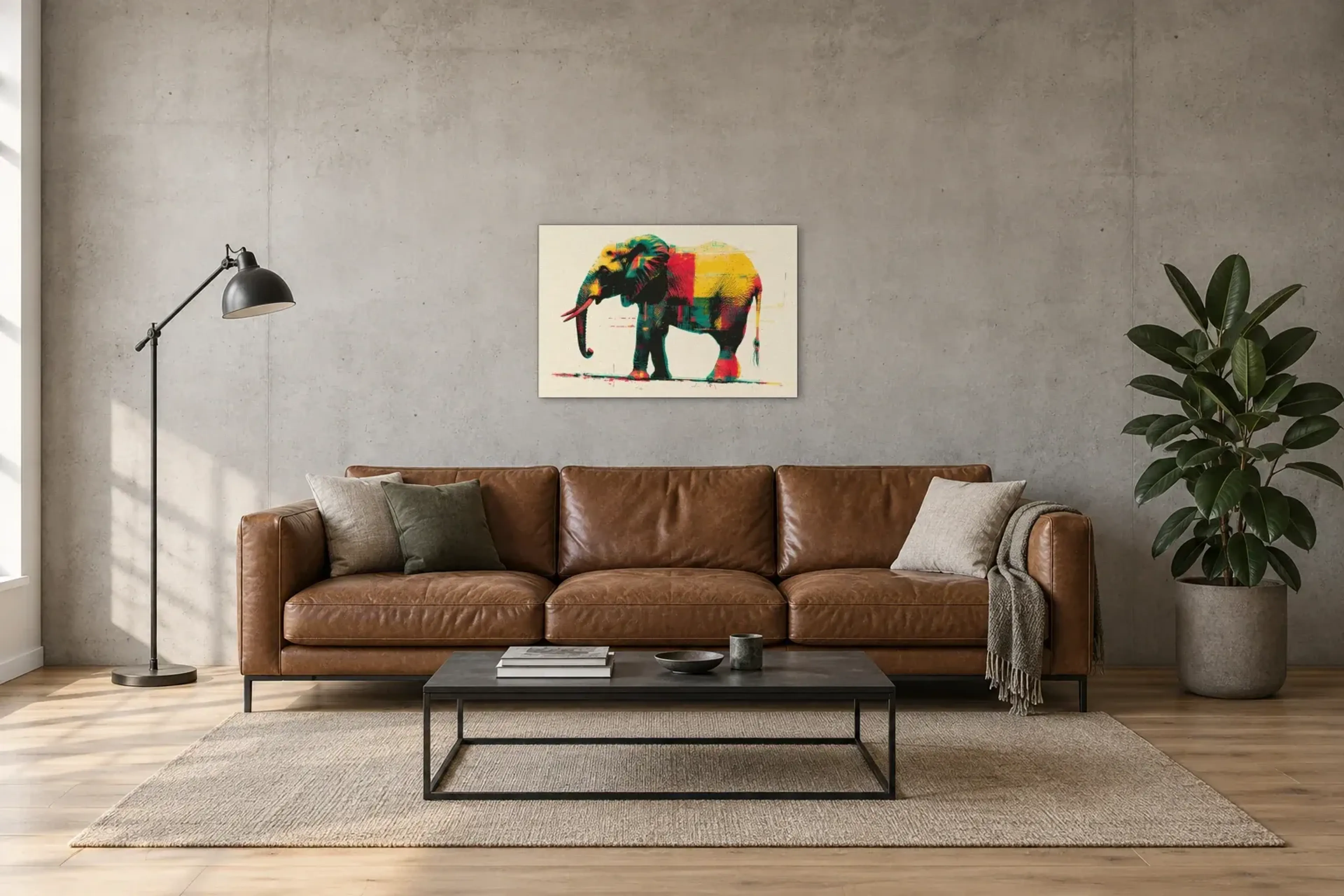 Elefant in Farbflächen als Wandbild über einem 220-cm-Sofa