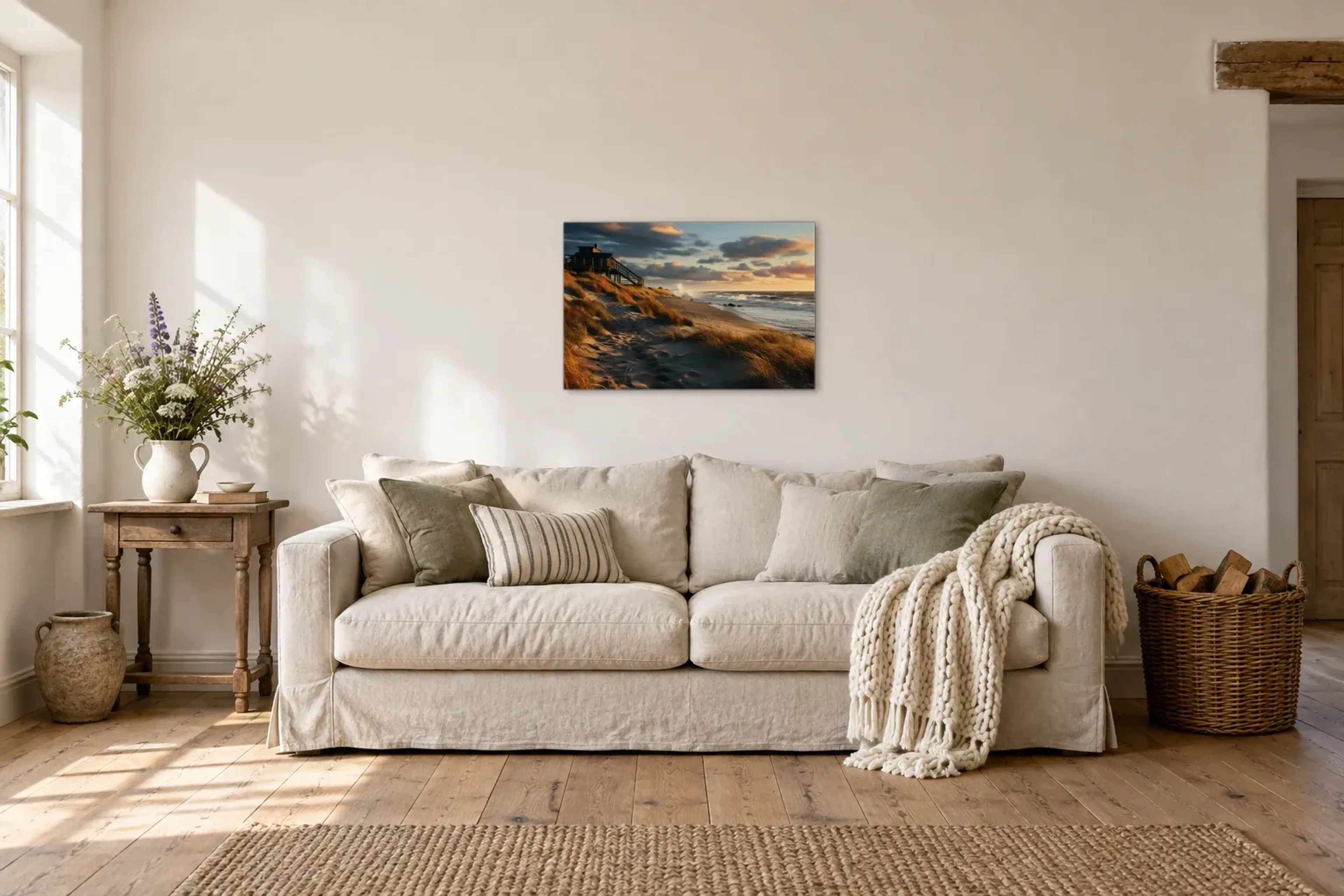 Düne im Abendlicht als Wandbild über einem 220-cm-Sofa