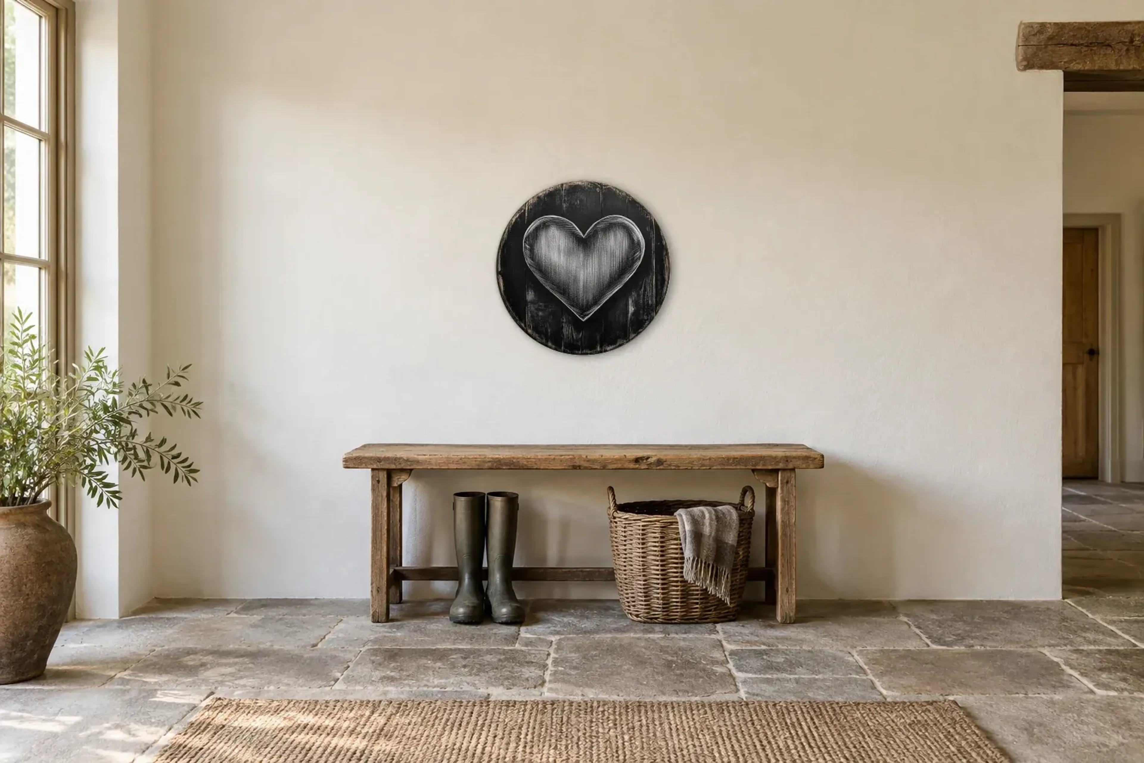 Herz als Wandbild über einer 120-cm-Bank