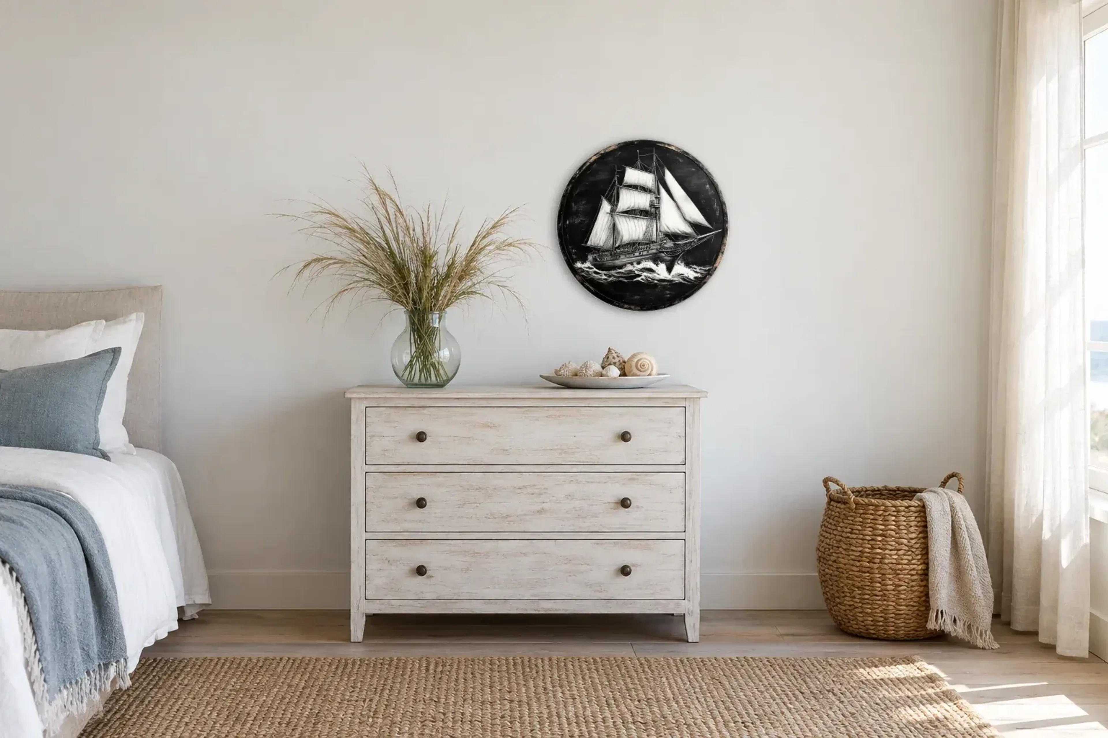 Segelschiff als Wandbild über einer 90-cm-Kommode