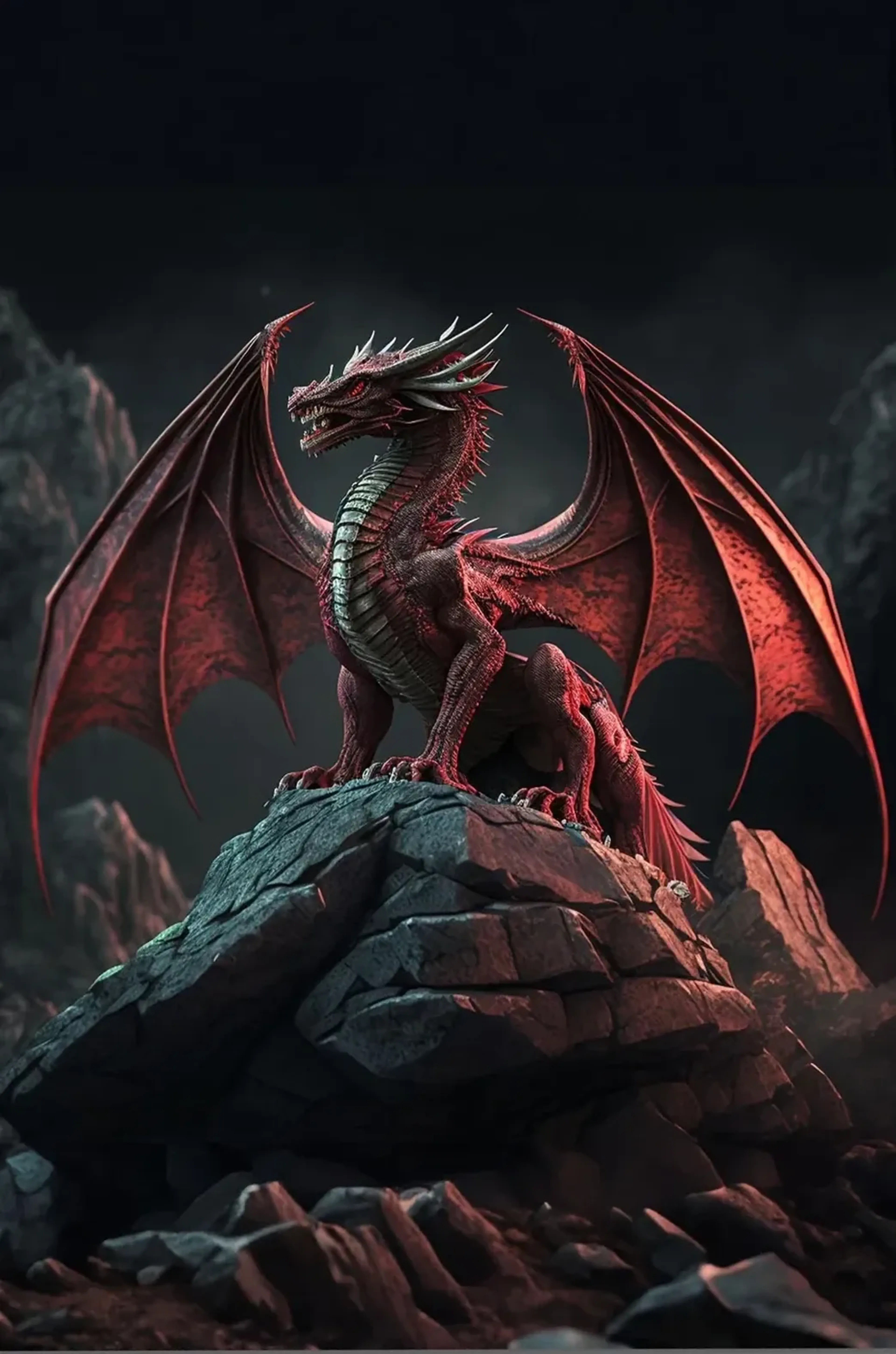 Roter Drache auf Felsen – Motiv als Wandbild auf Holz