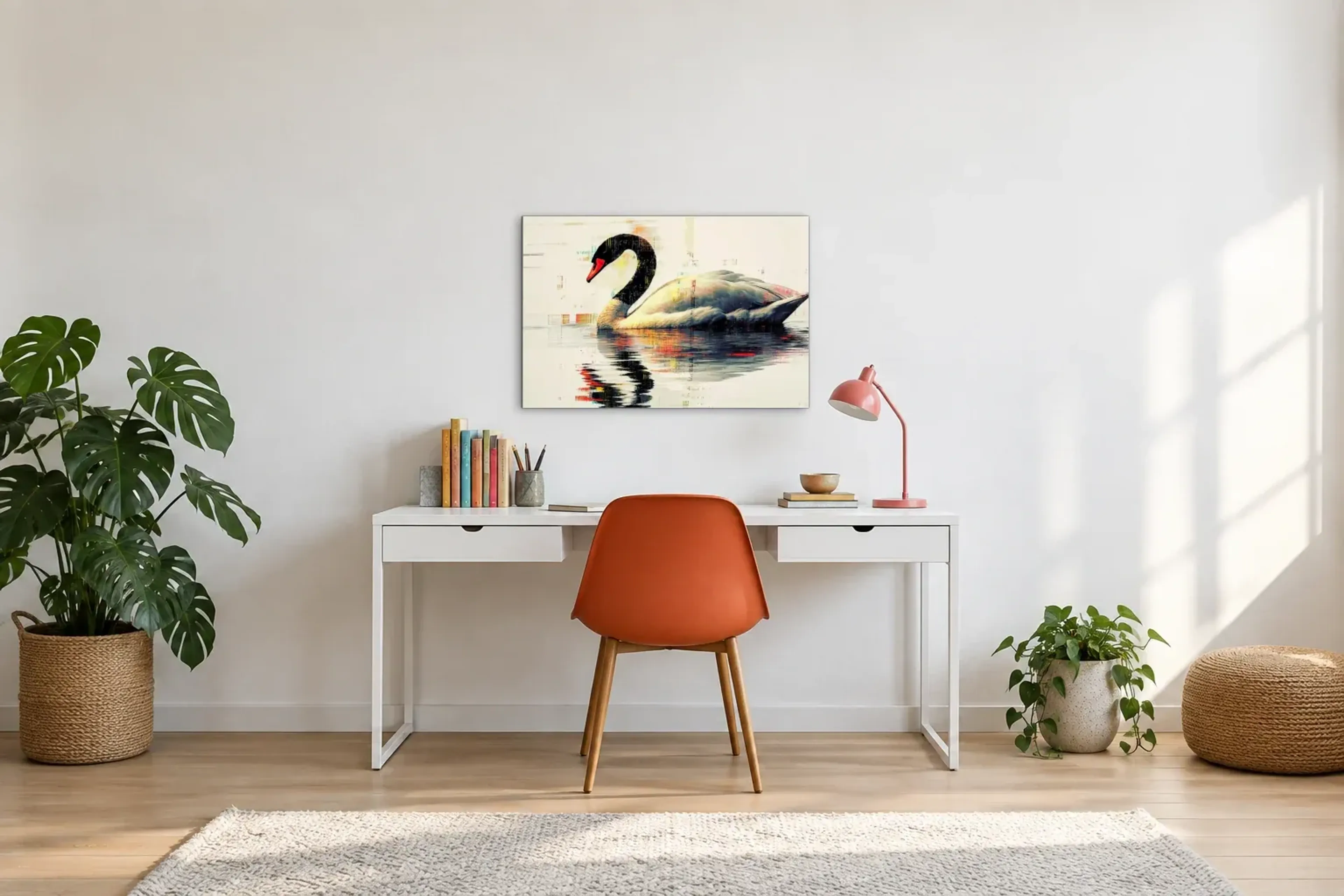 Schwan mit schwarzem Hals als Wandbild über einem 140-cm-Schreibtisch