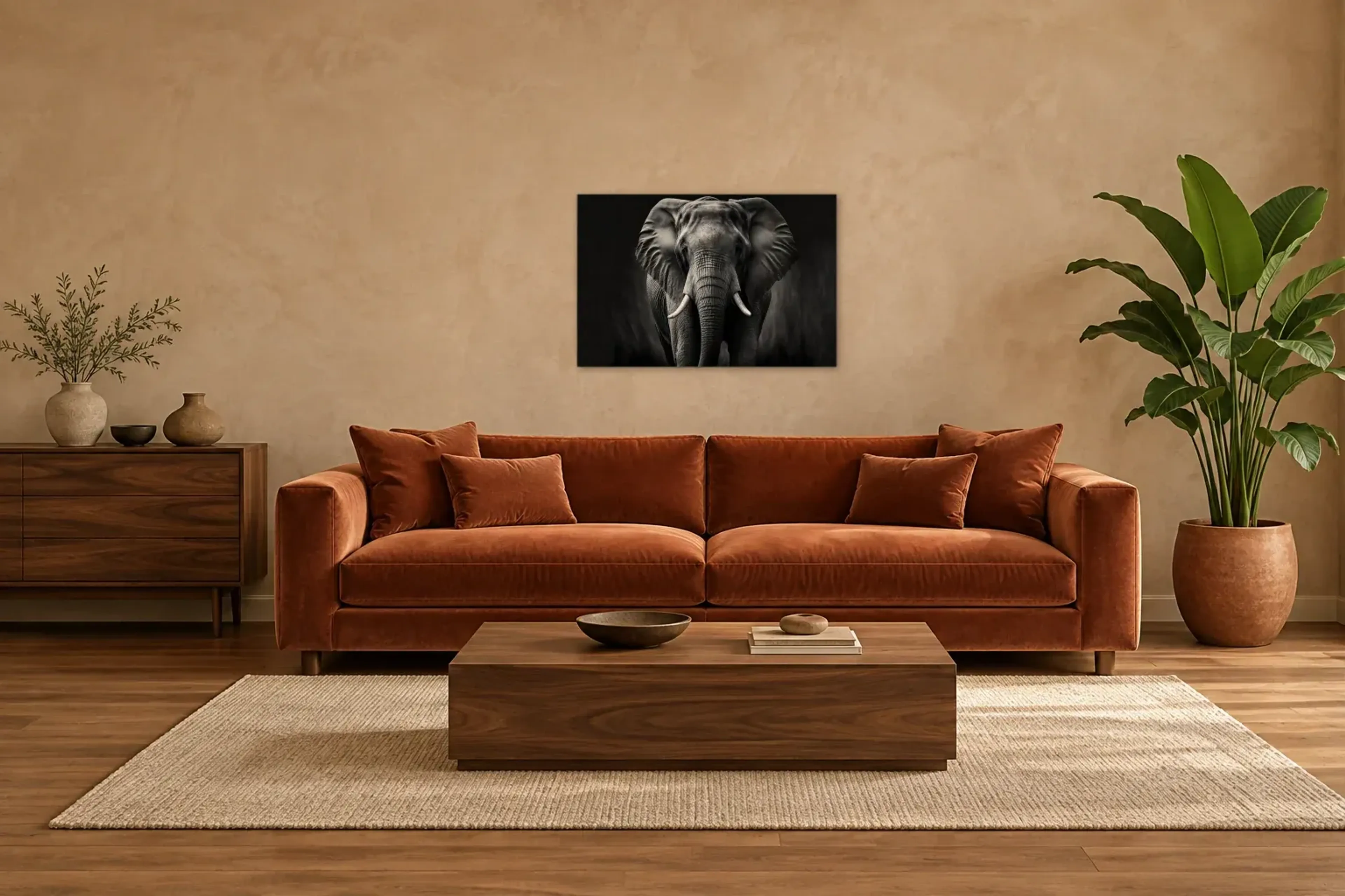 Elefantenporträt in Schwarz-Weiß als Wandbild über einem 220-cm-Sofa