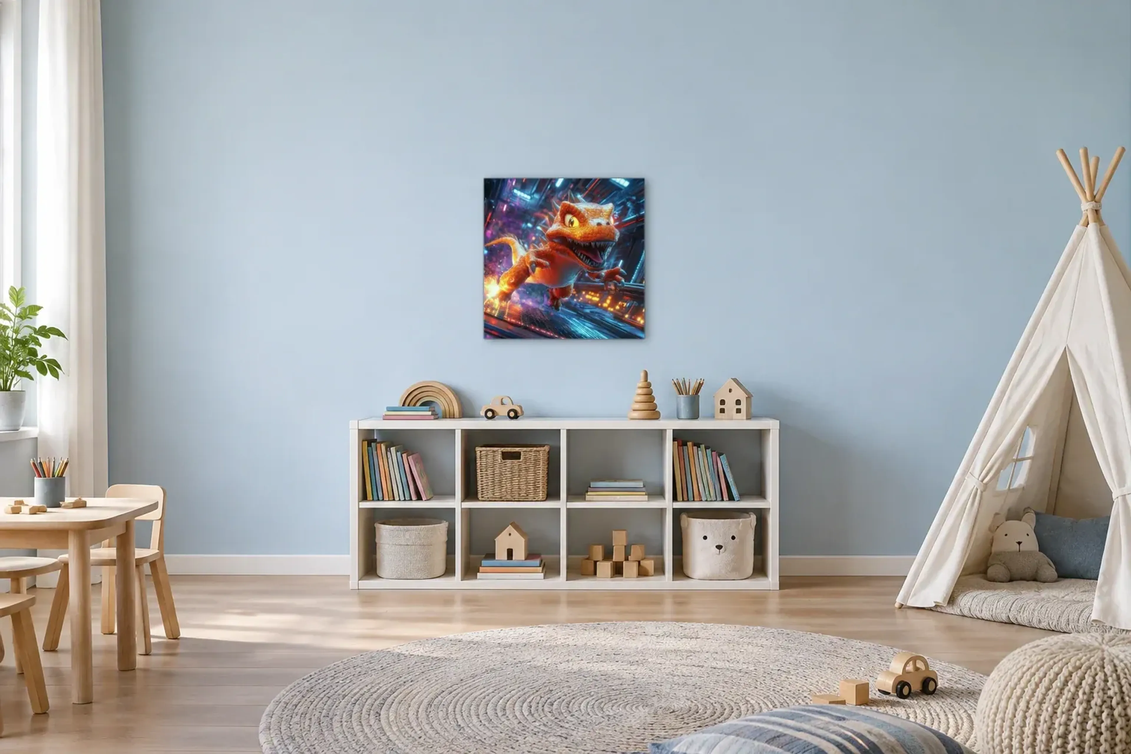 Dino auf Funkenspur als Wandbild über einem 120-cm-Spielregal