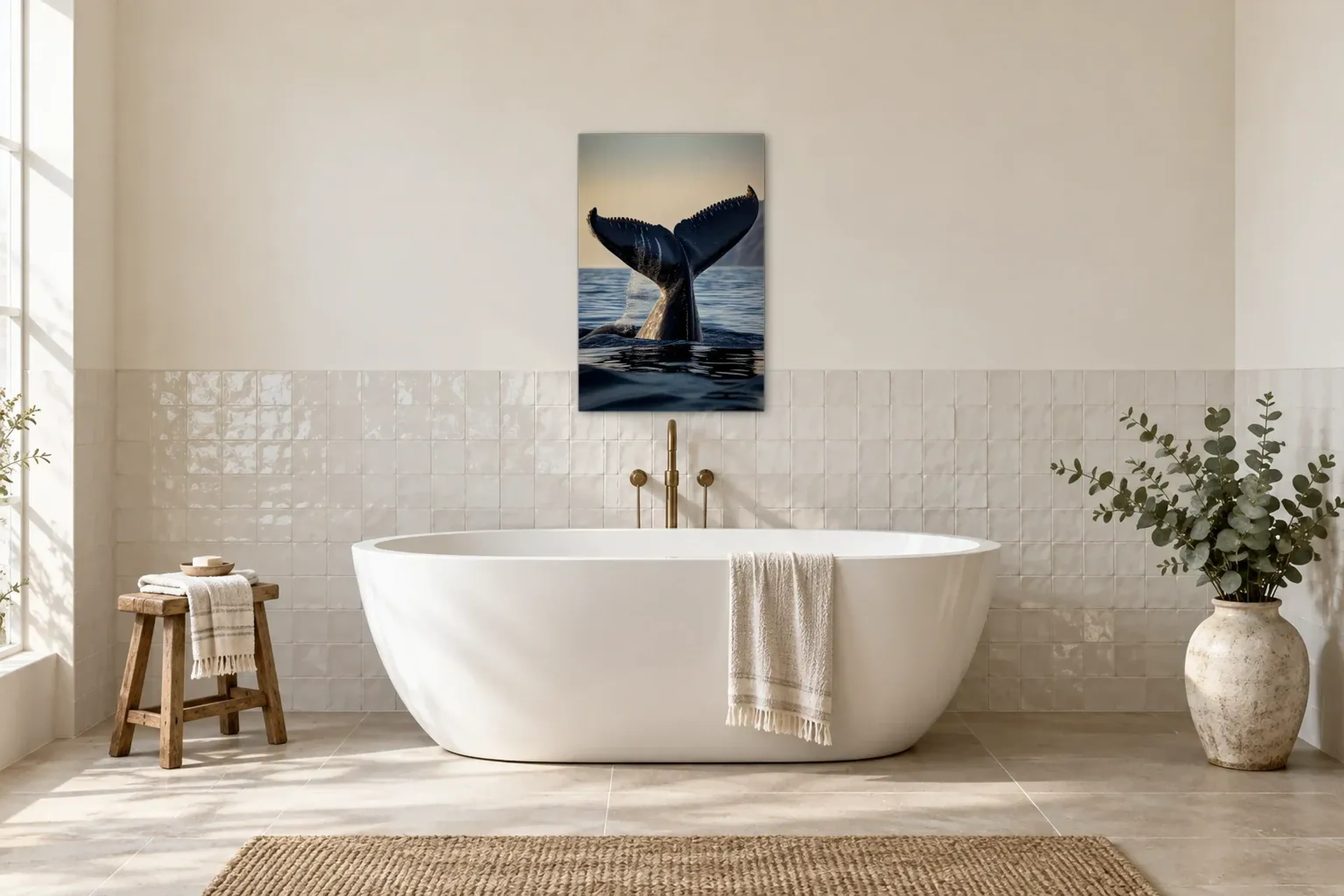Walflosse im Abendlicht als Wandbild über einer 170-cm-Badewanne