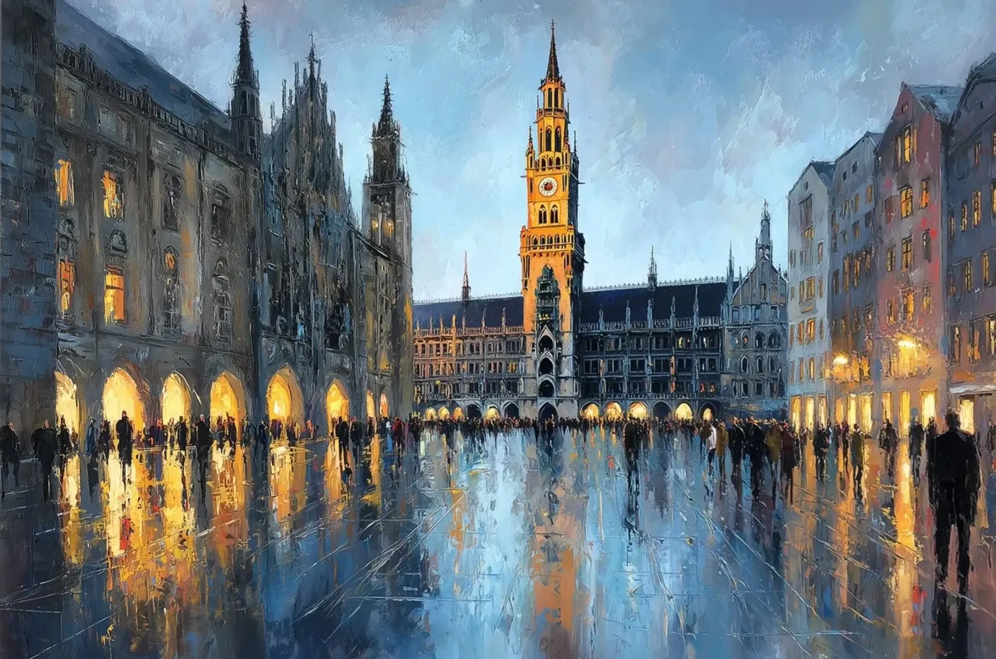 Goldgelb beleuchteter Rathausturm über einem nassen Platz mit Passanten und blauen sowie gelben Spiegelungen.