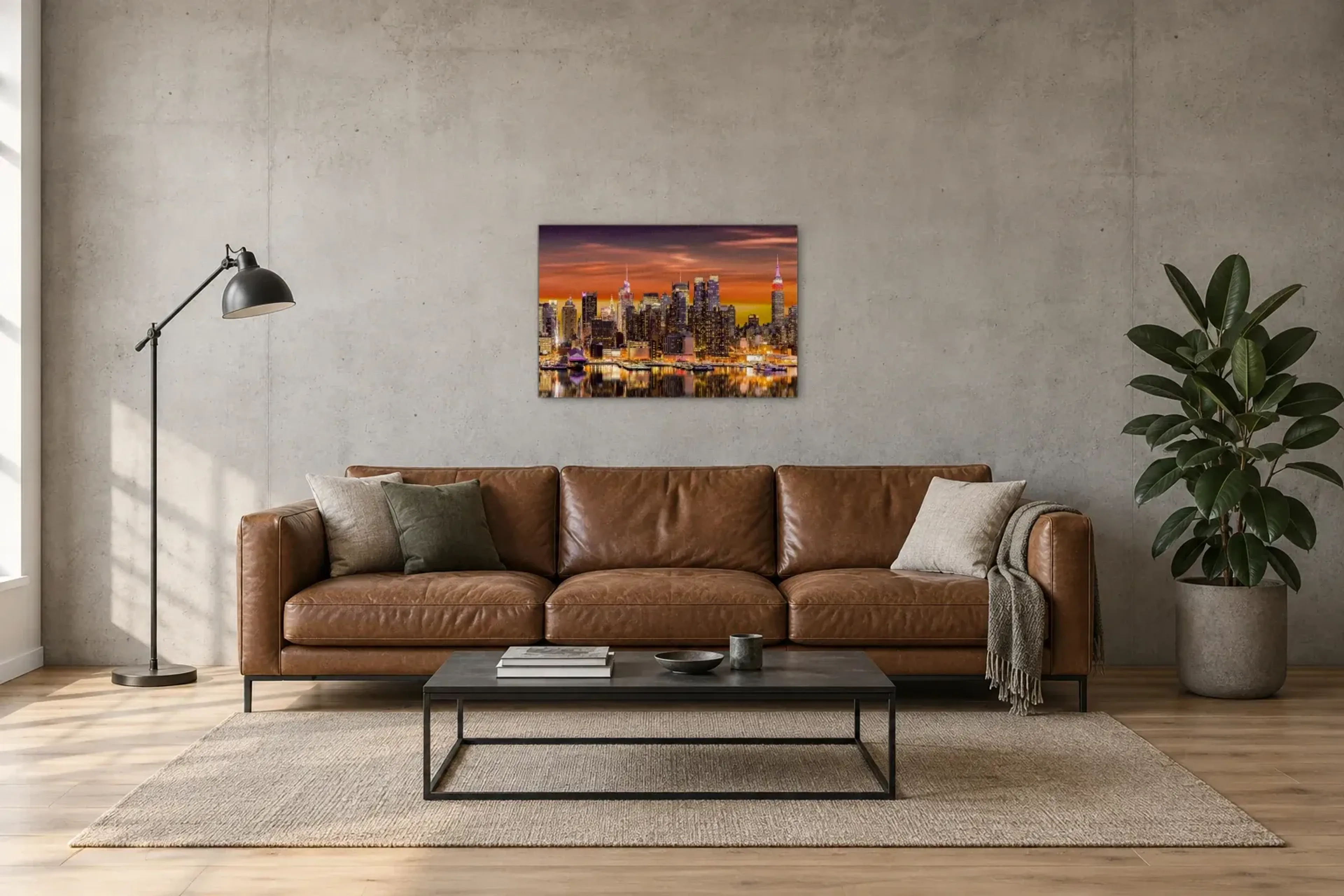 New York im Lichterglanz als Wandbild über einem 220-cm-Sofa