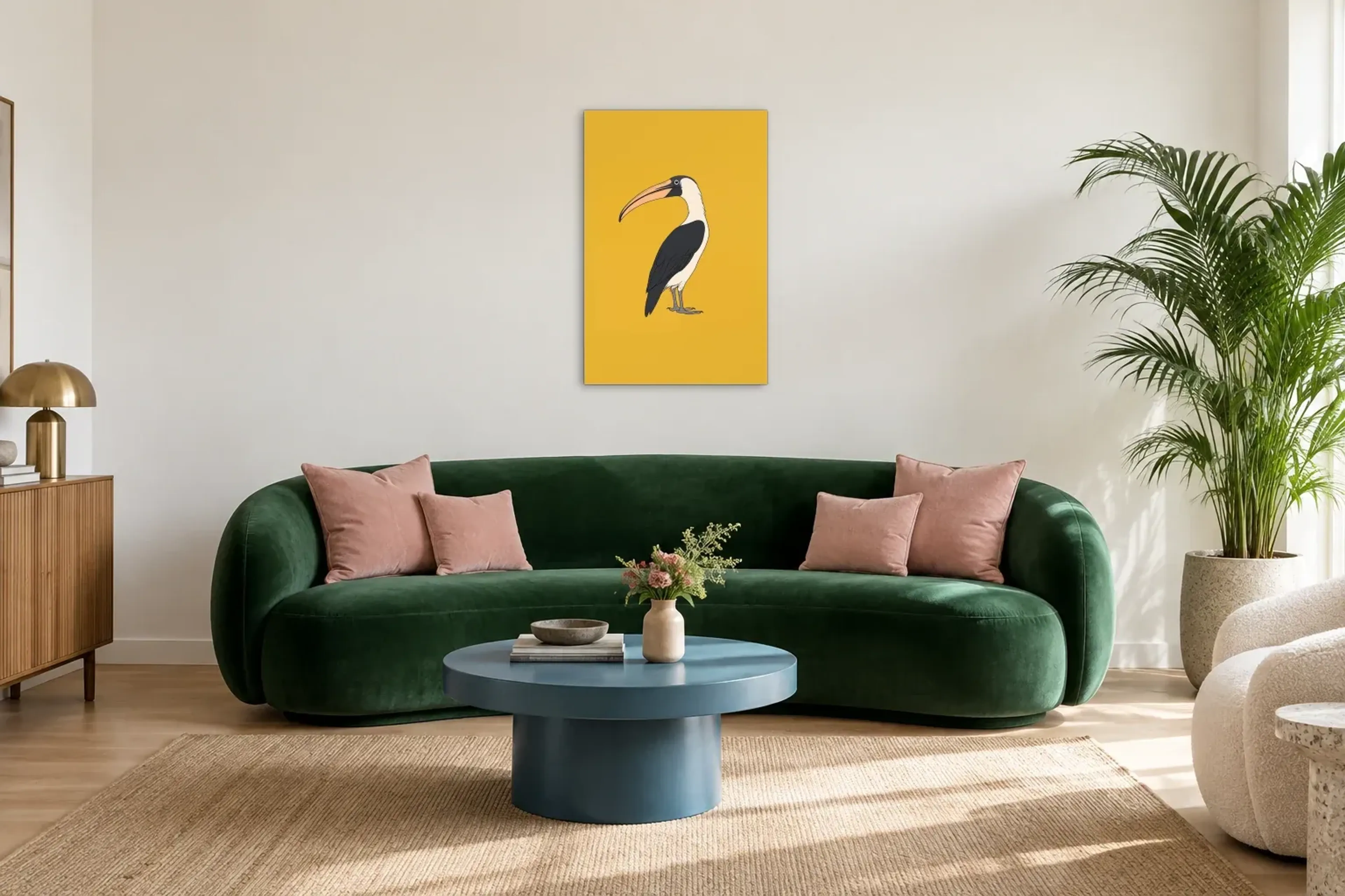 Vogel auf Gelb als Wandbild über einem 220-cm-Sofa