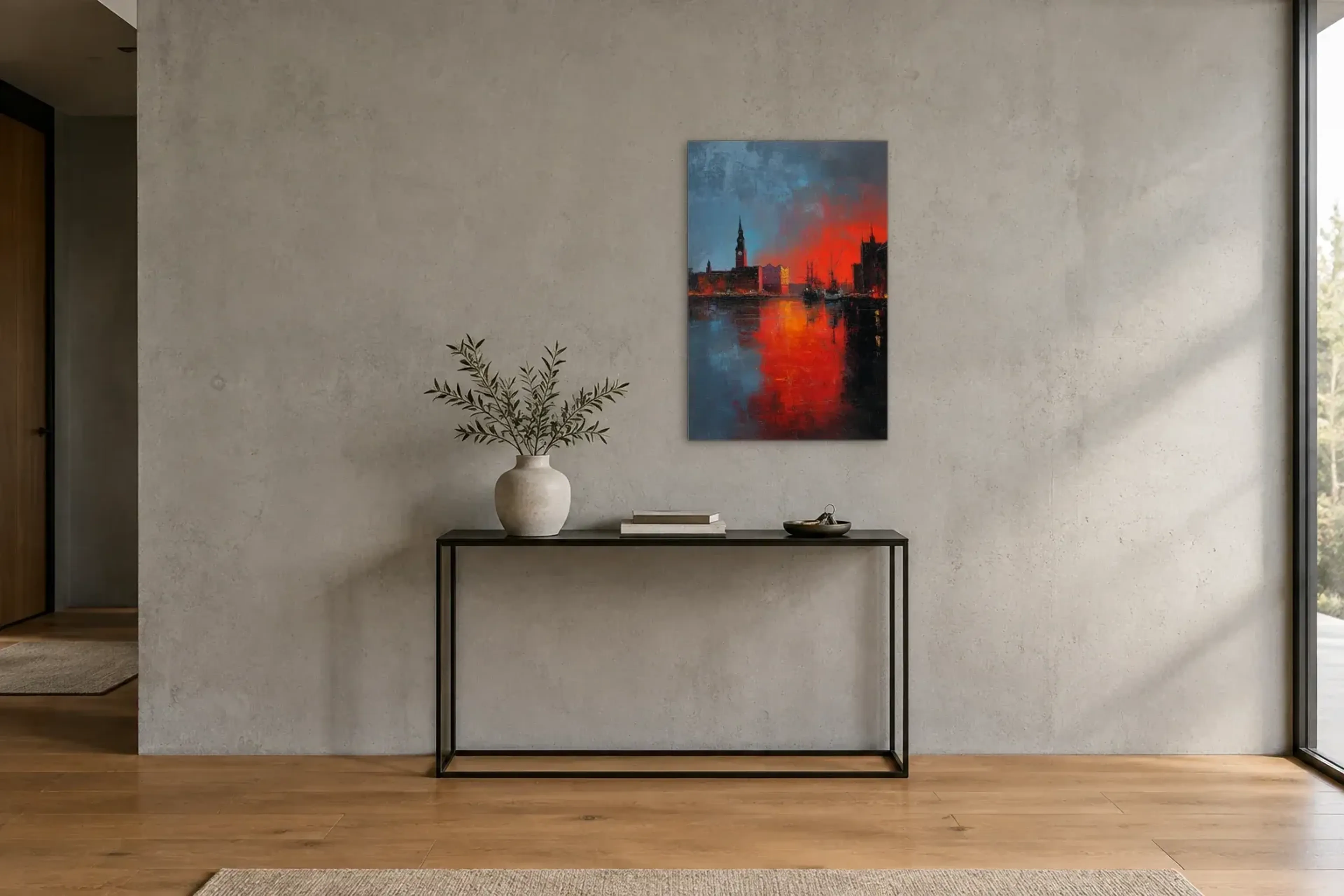 Hamburg im roten Abendlicht als Wandbild über einer 120-cm-Konsole