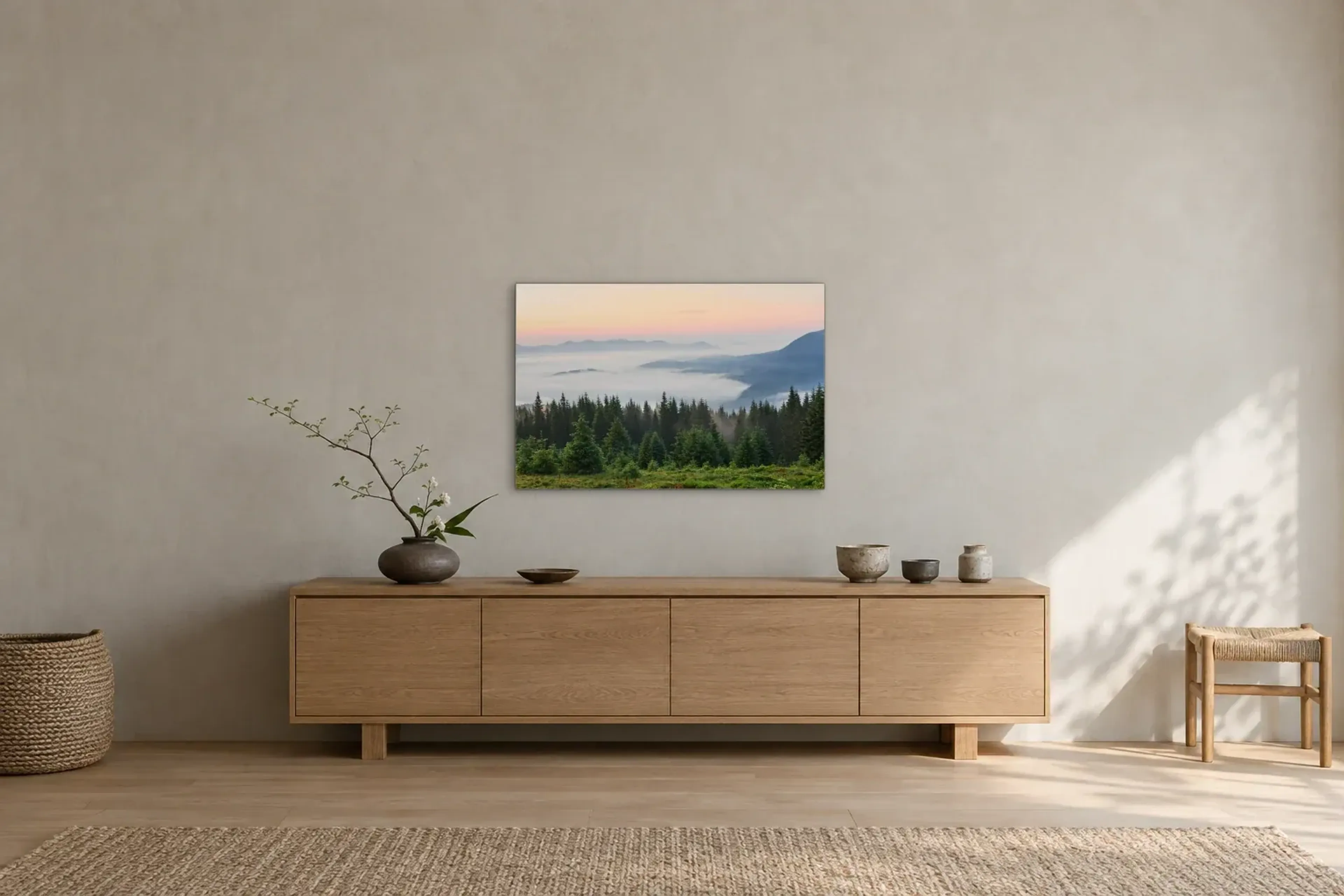 Wald über dem Nebelmeer als Wandbild über einem 180-cm-Sideboard