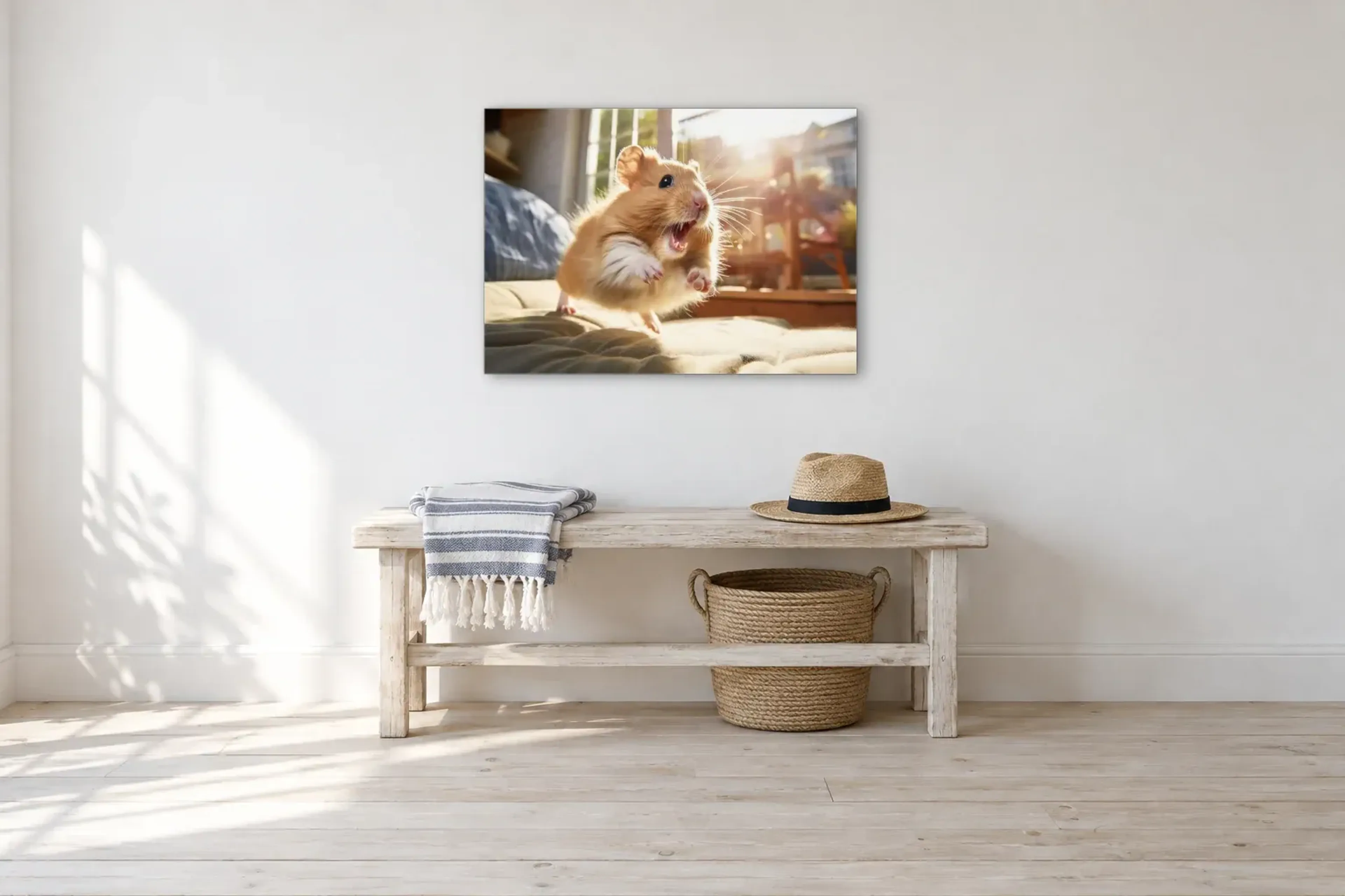 Hamster im Sprung als Wandbild über einer 100-cm-Bank