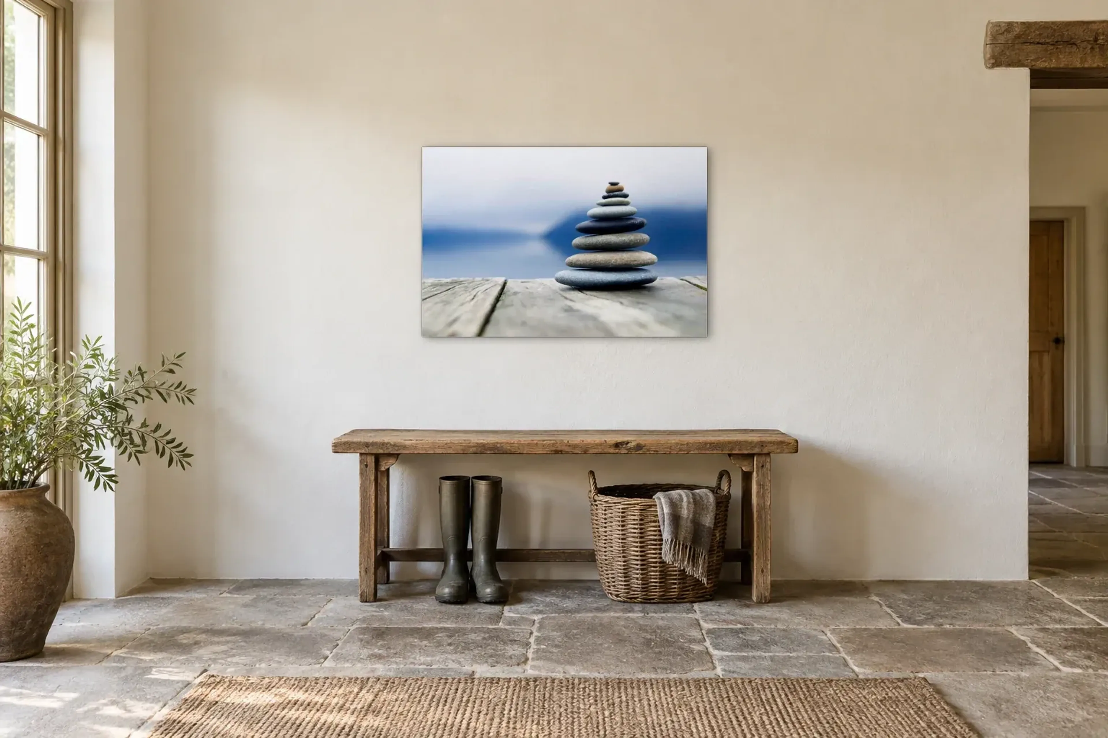 Steinturm am See als Wandbild über einer 120-cm-Bank