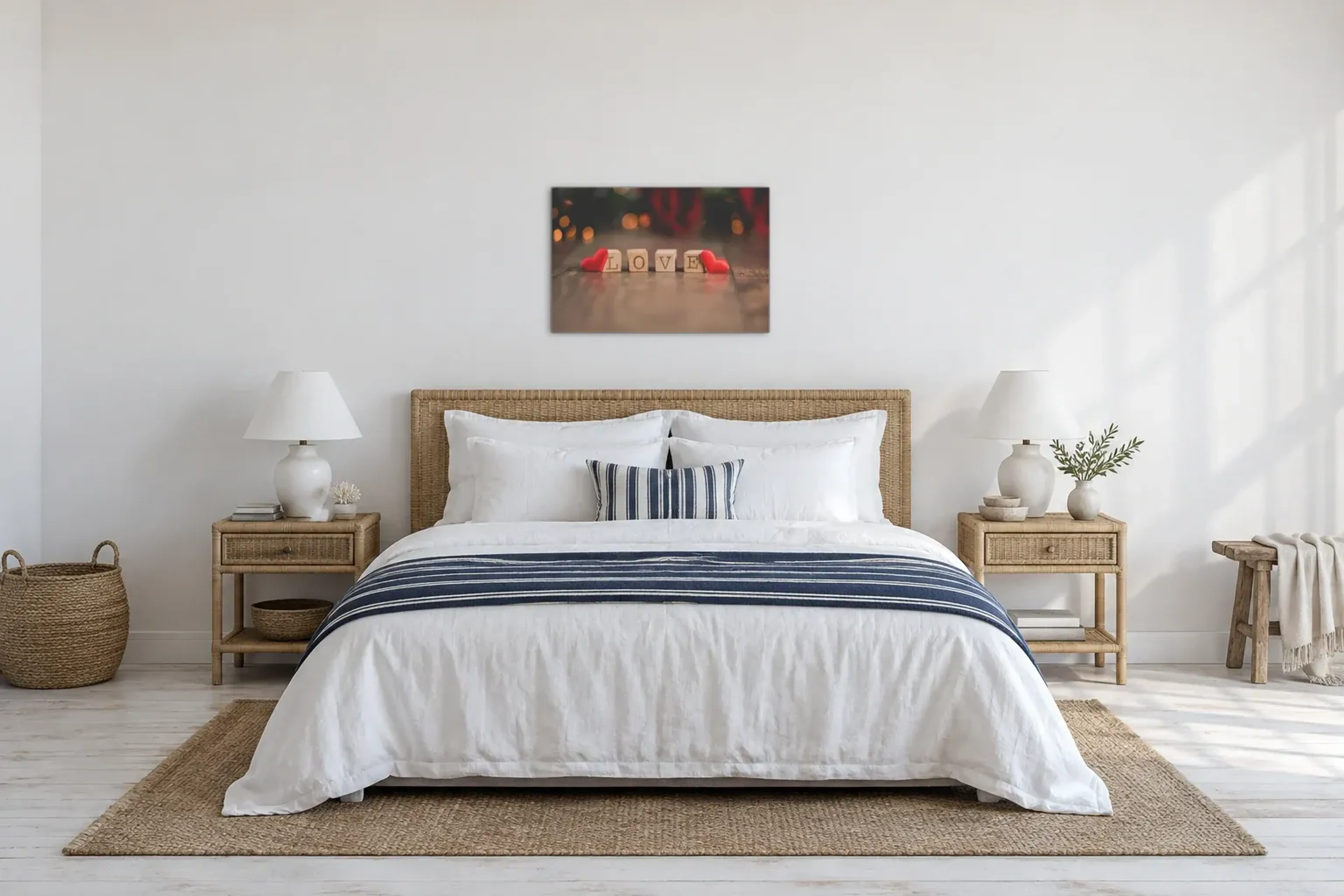 Love mit roten Herzen als Wandbild über einem 180-cm-Bett