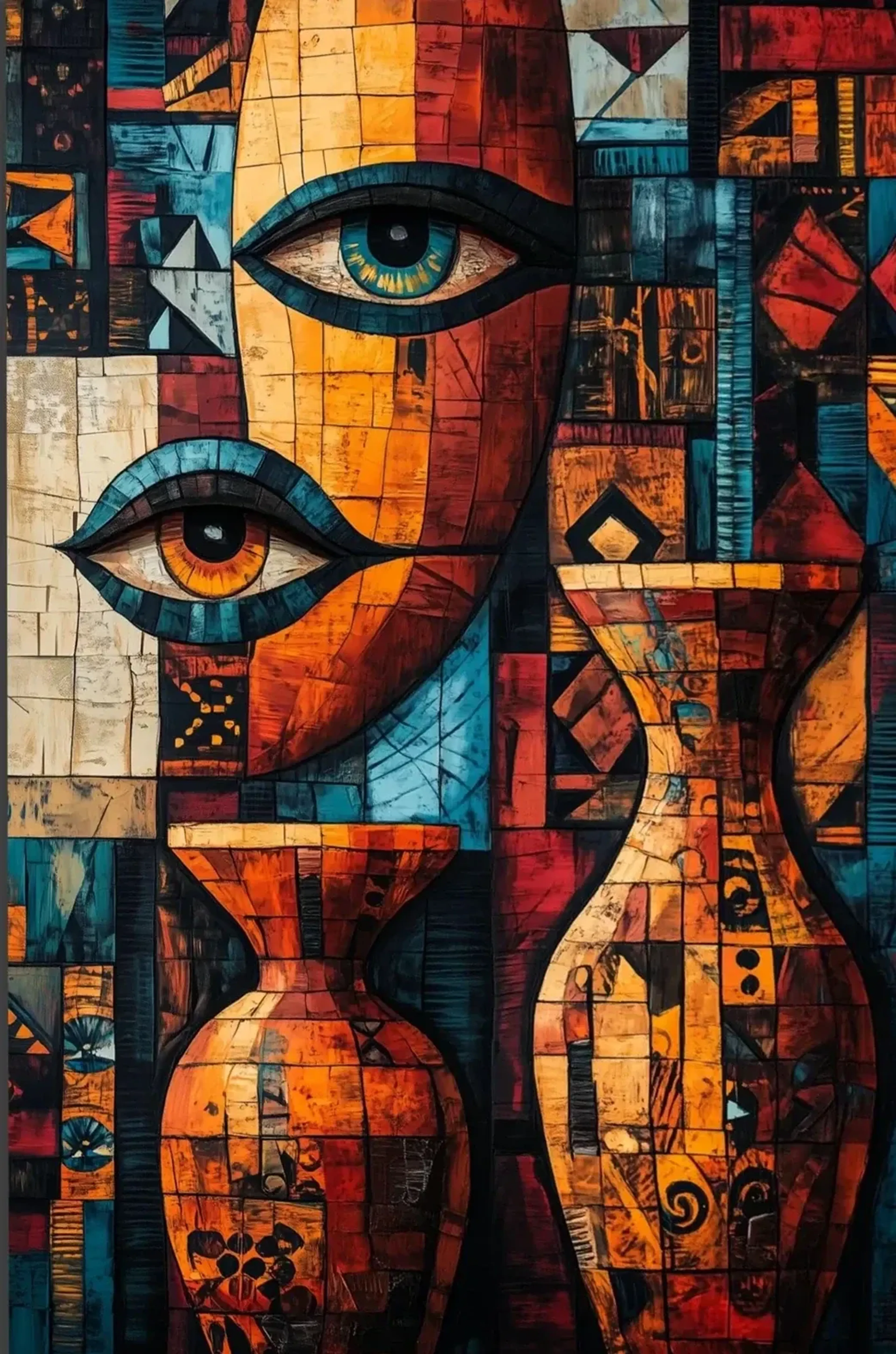 Zwei versetzt angeordnete Augen und gemusterte Vasen zwischen geometrischen Flächen in Orange, Rot und Türkis.
