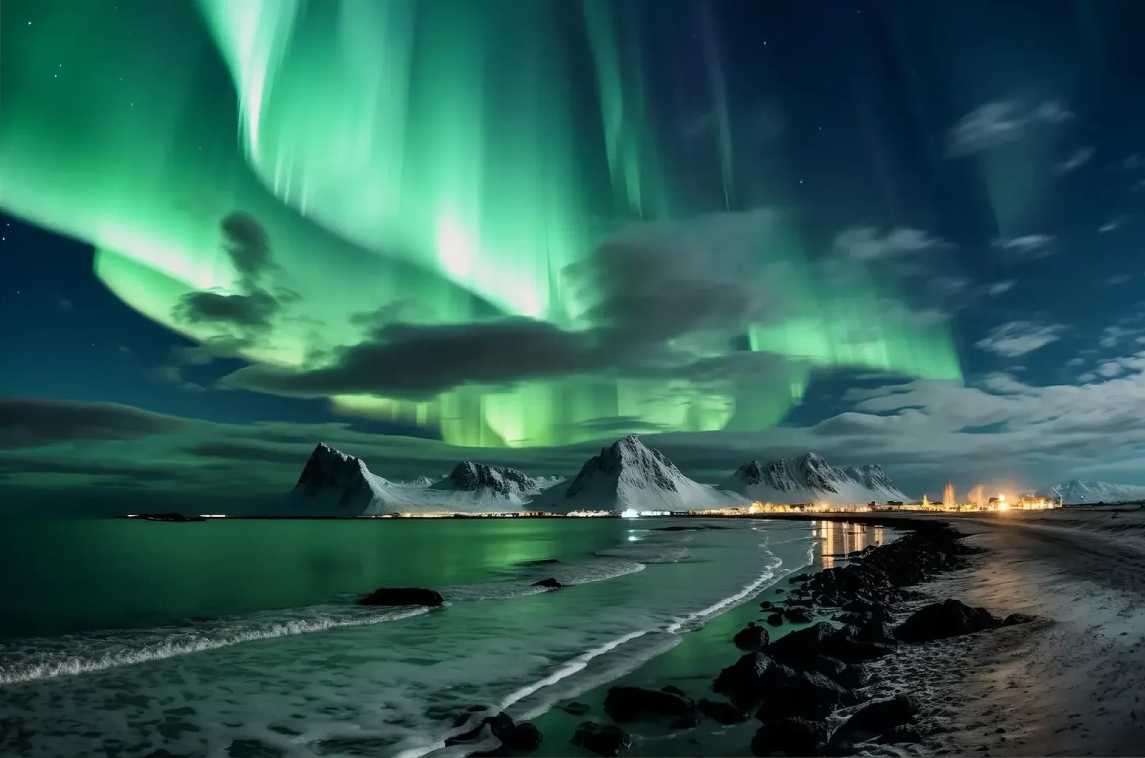 Grüne Nordlichter über einer Küste mit schneebedeckten Bergen, dunklen Wolken und warmen Siedlungslichtern.