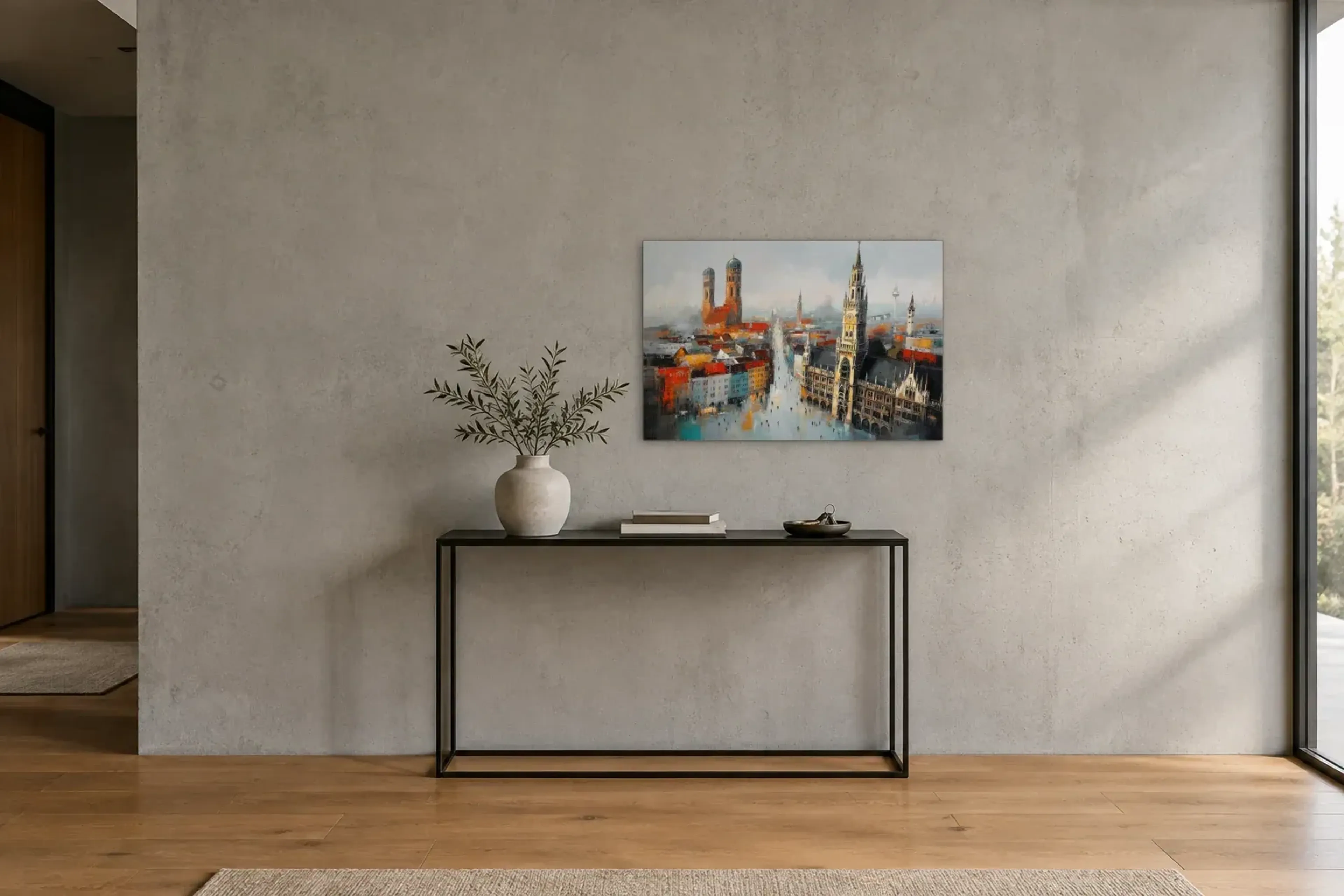 Münchens leuchtende Dächer als Wandbild über einer 120-cm-Konsole