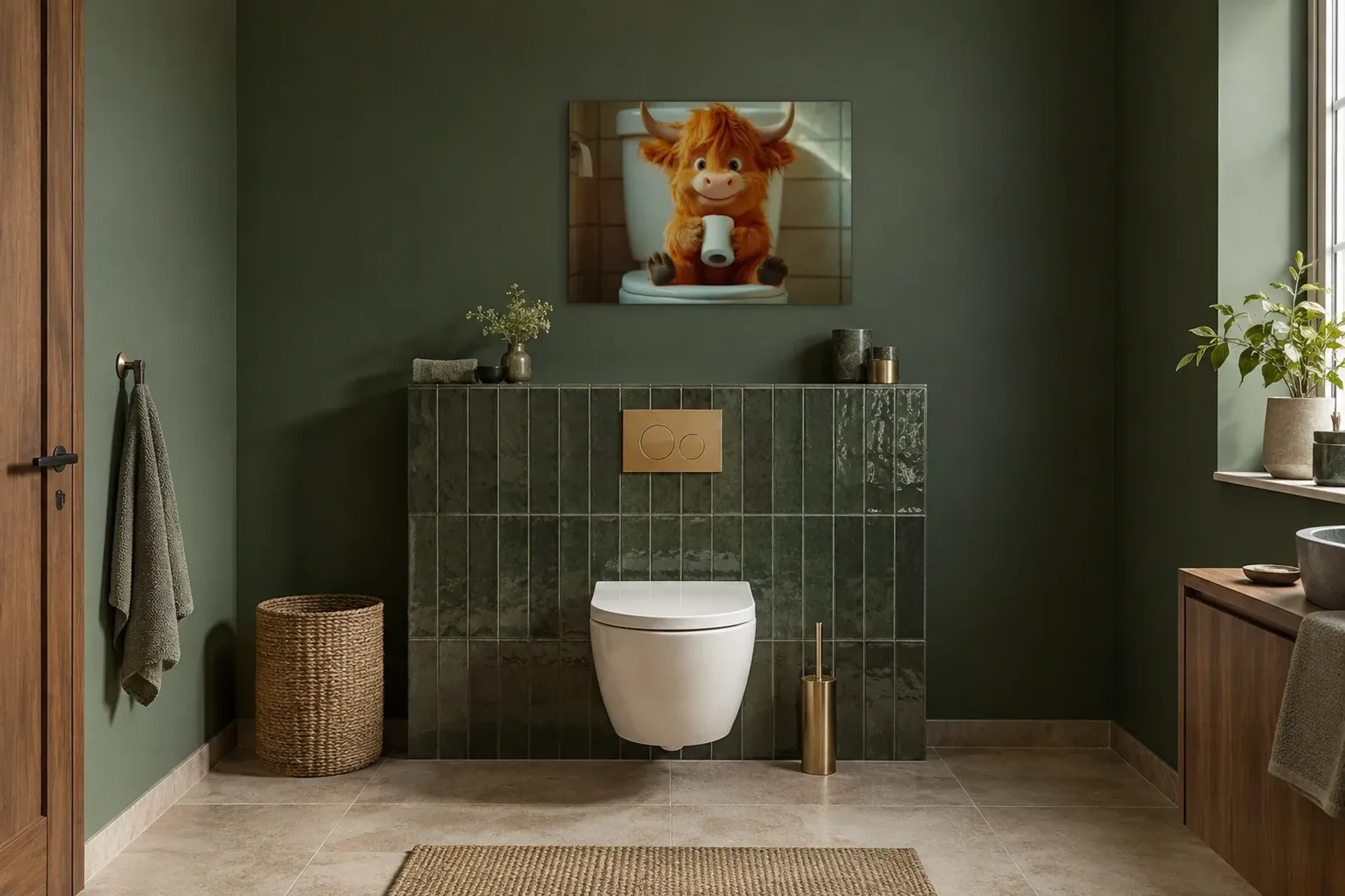 Hochlandrind mit Wuschelschopf als Wandbild im Gäste-WC