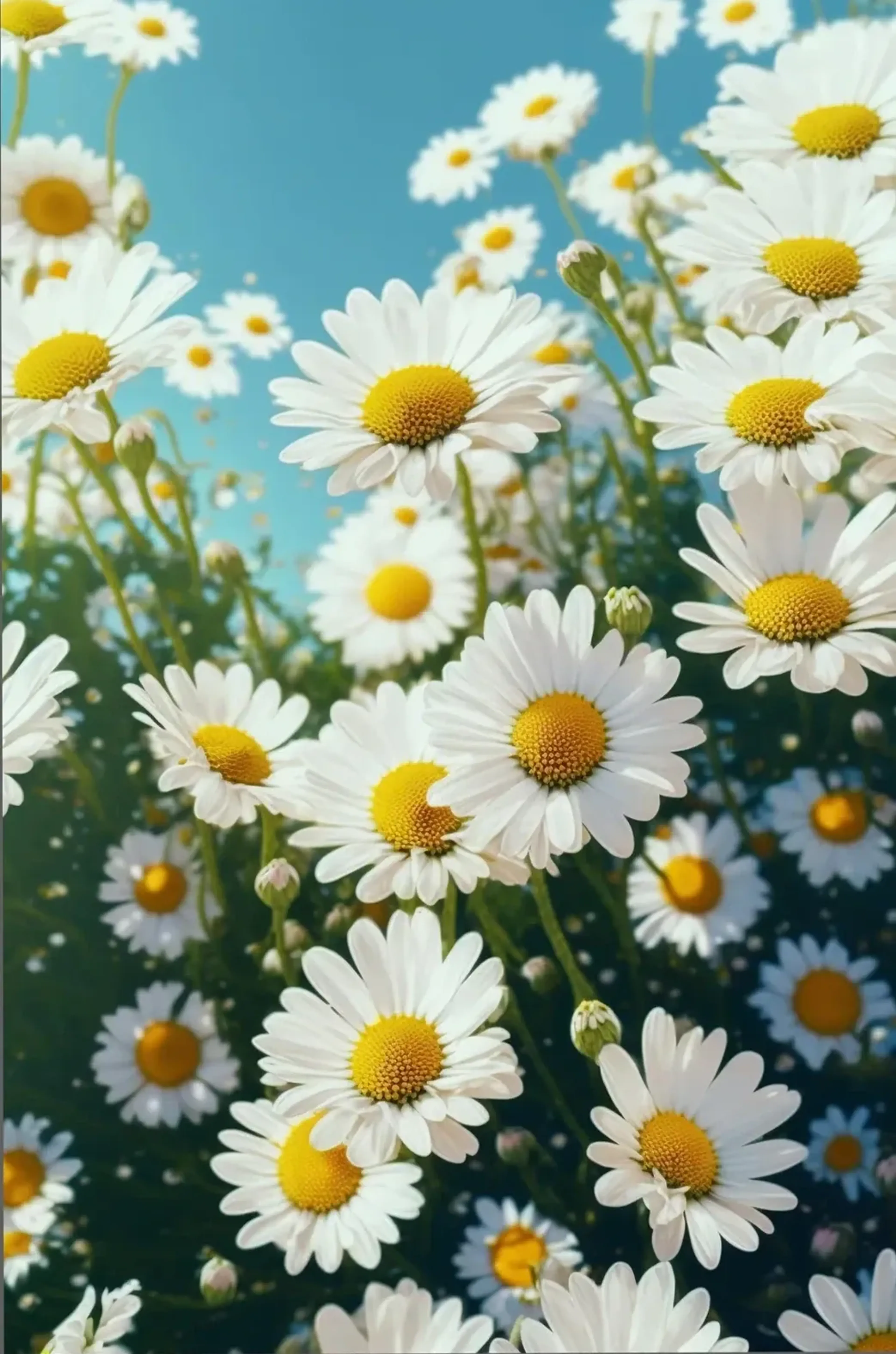 Weiße Blüten mit gelben Mitten stehen an grünen Stielen vor einem türkisblauen Himmel.
