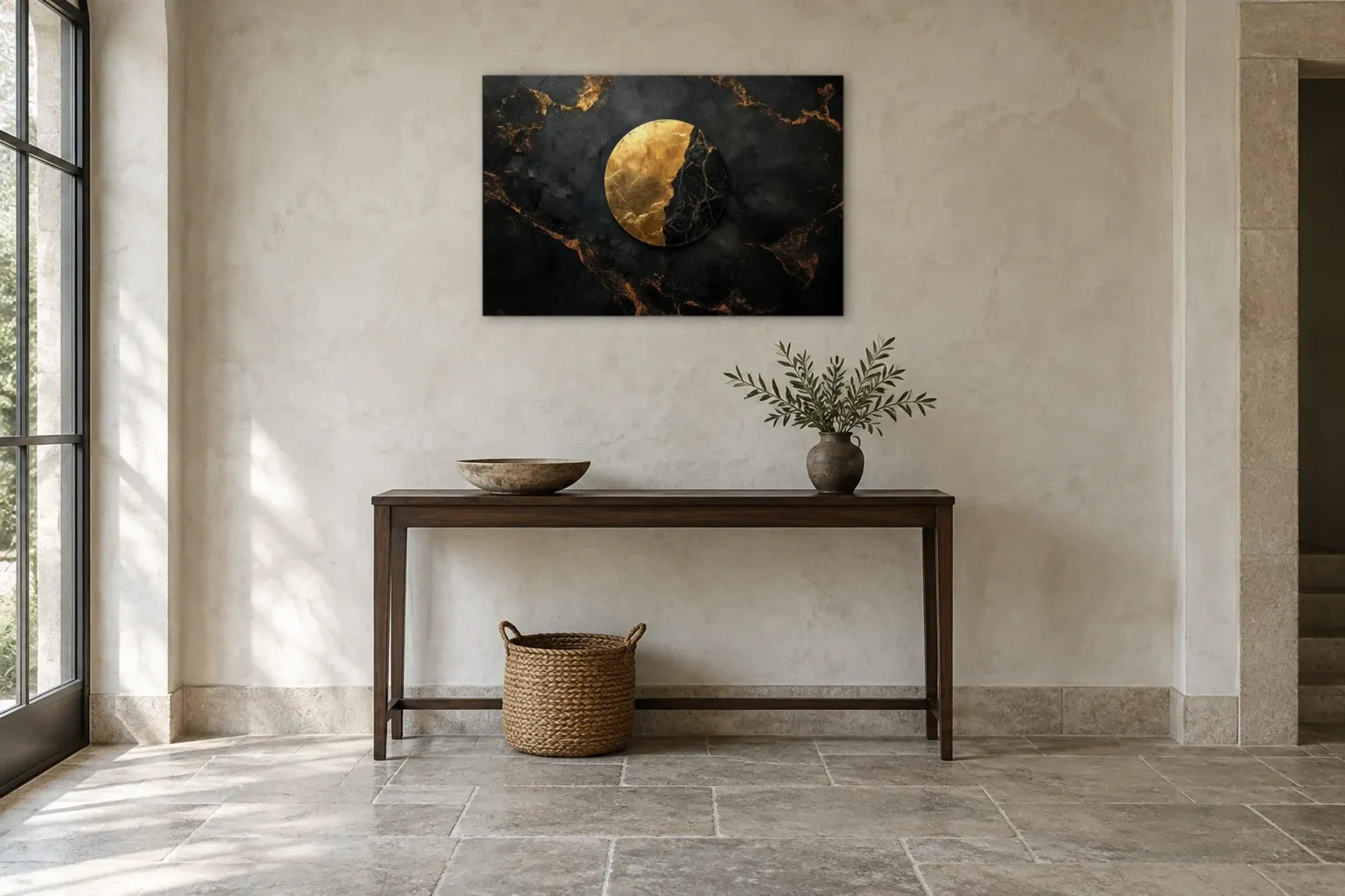 Kreis in Schwarz und Gold als Wandbild über einer 120-cm-Konsole