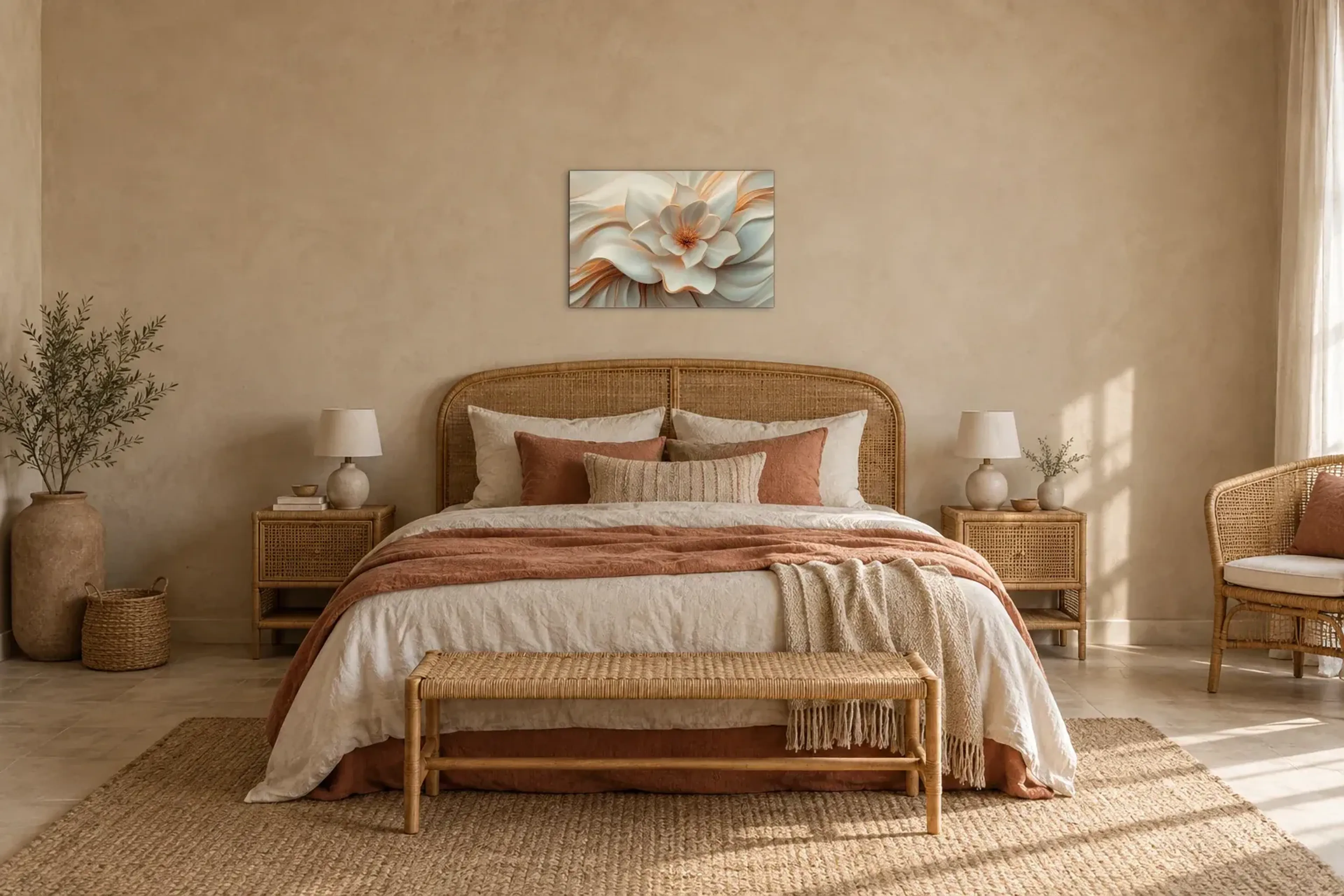 Blüte mit goldenen Konturen als Wandbild über einem 180-cm-Bett