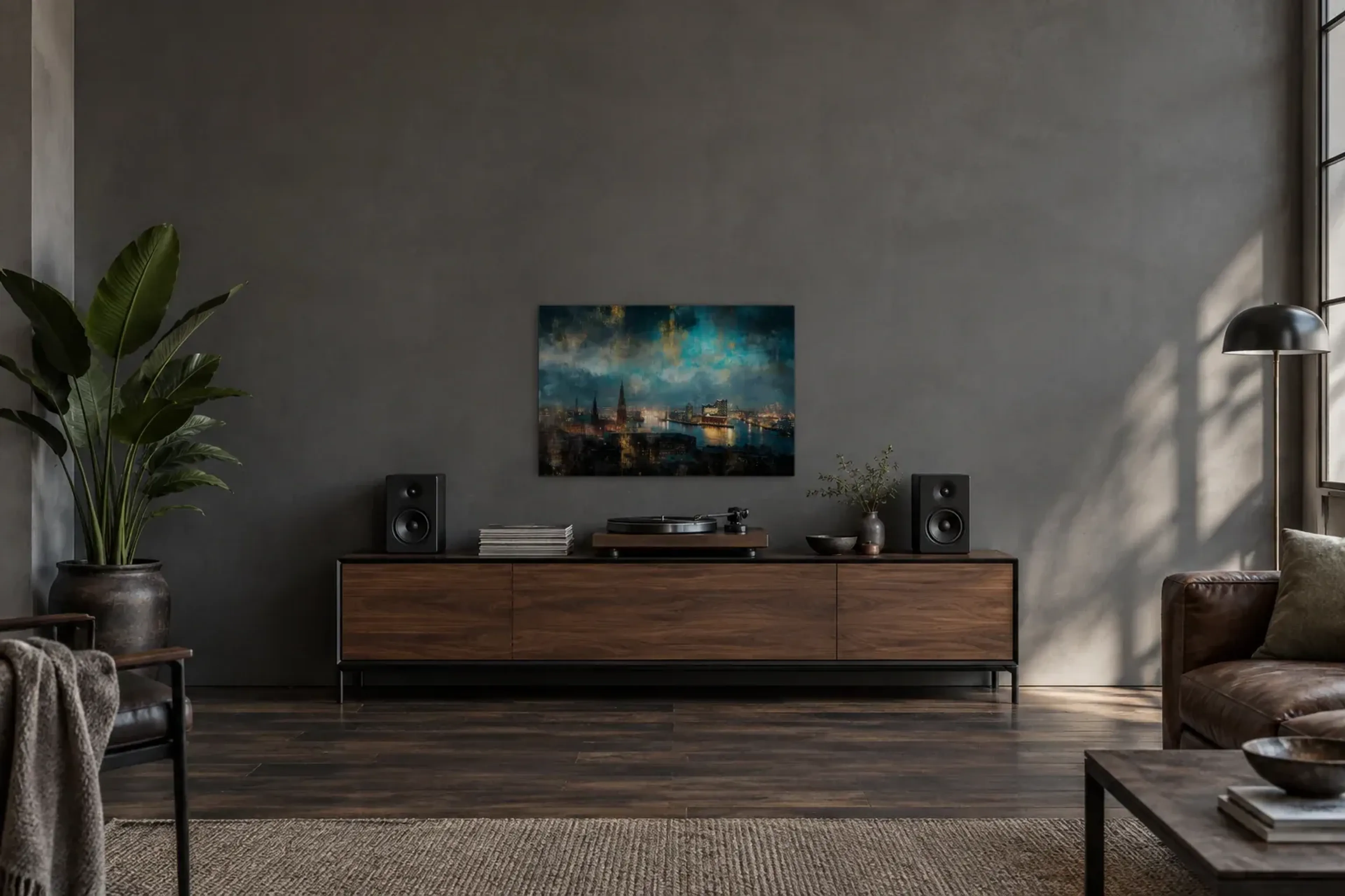 Hamburg unter weitem Himmel als Wandbild über einem 200-cm-Sideboard