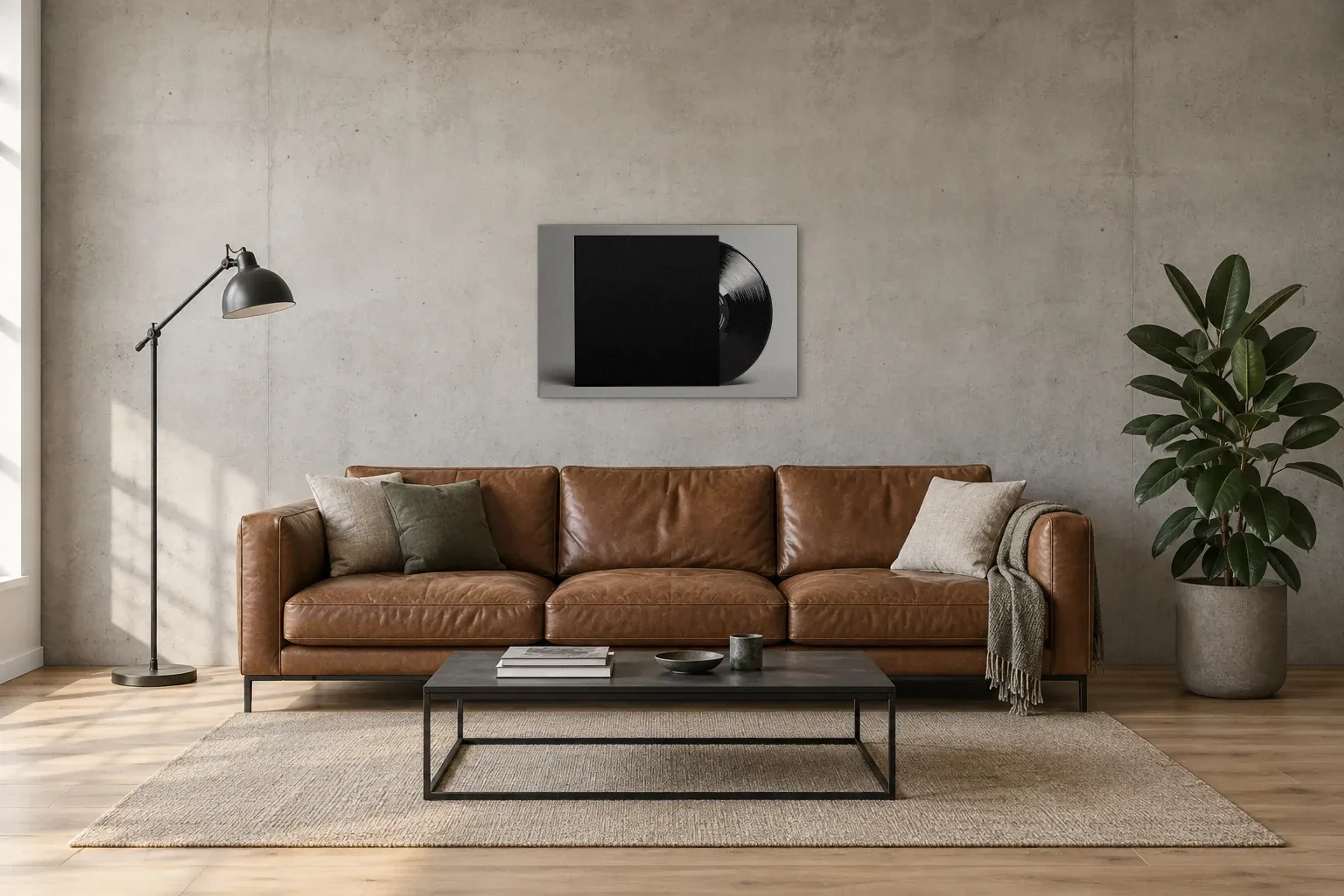 Schallplatte LP schwarzes Cover als Wandbild über einem 220-cm-Sofa