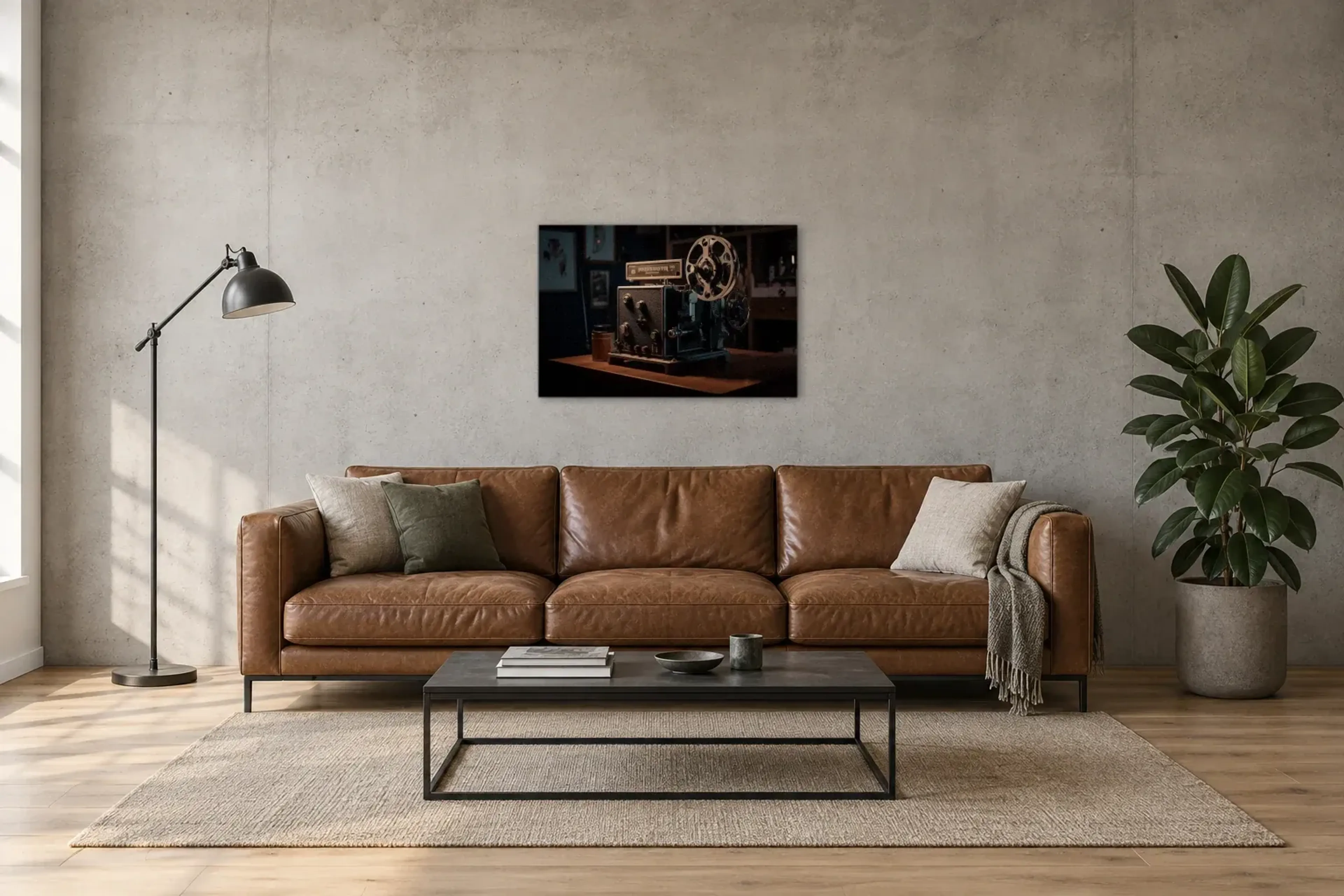 Nostalgischer Filmprojektor als Wandbild über einem 220-cm-Sofa