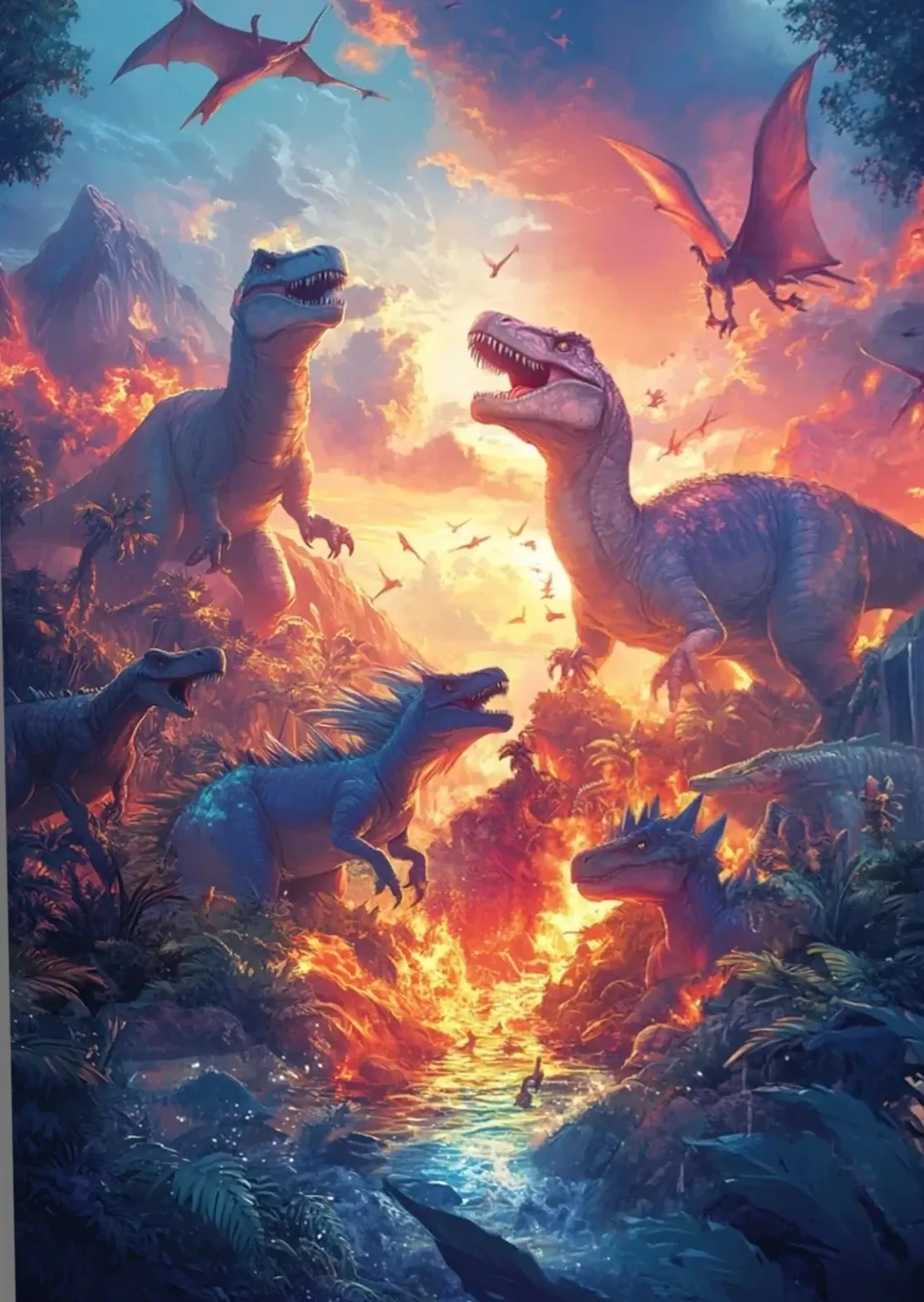 Dinosaurier und Flugsaurier in einem felsigen Tal mit Flammen, dichtem Grün und blau schimmerndem Wasser.