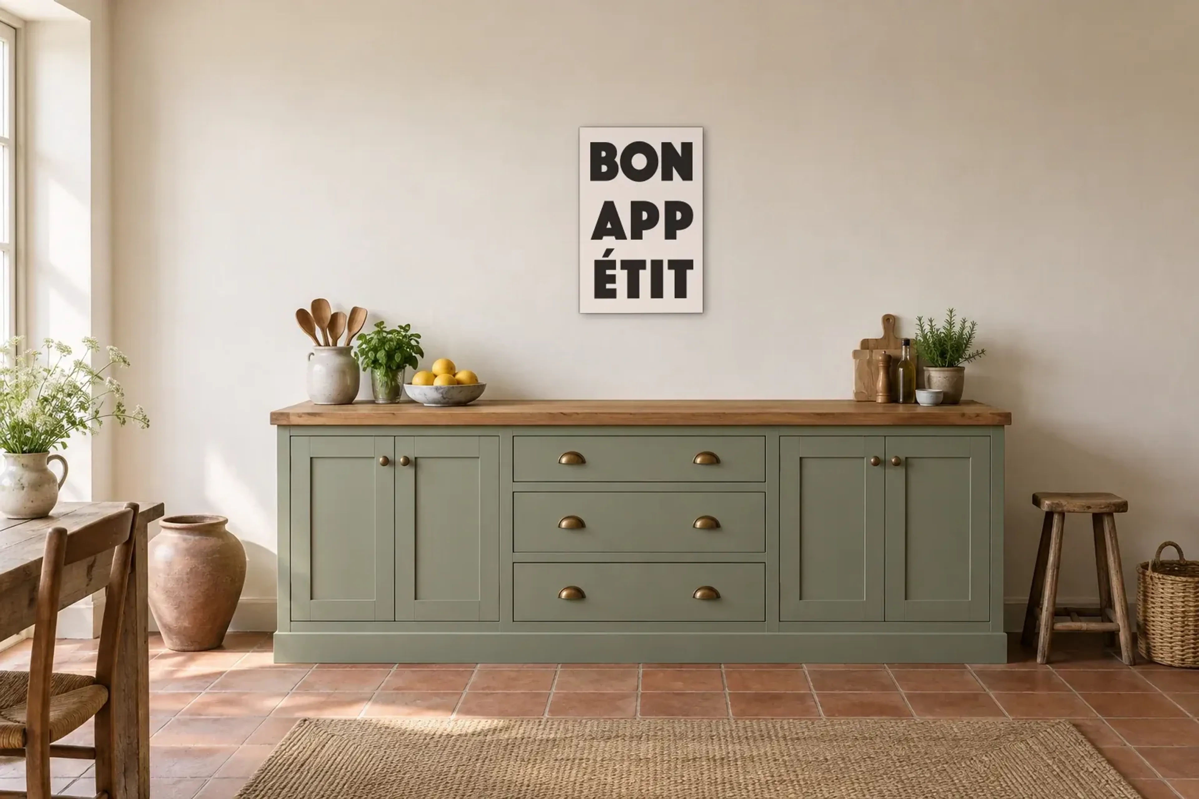 Guten Appetit als Wandbild über einer 200-cm-Arbeitsplatte