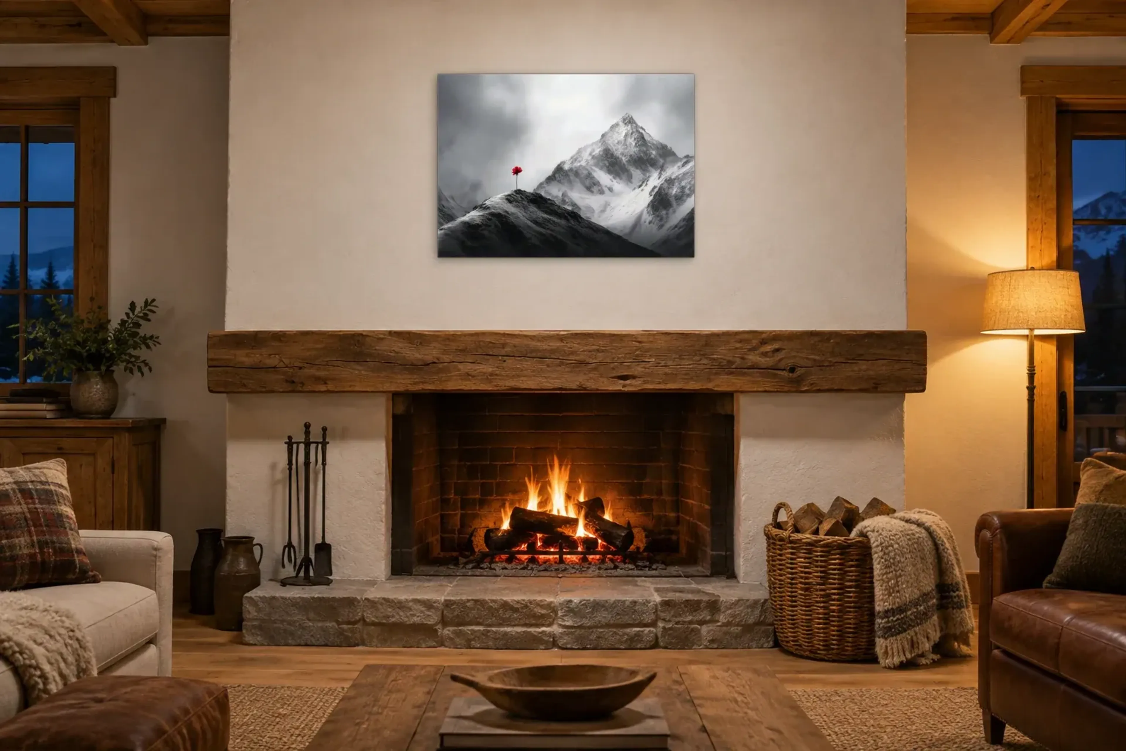 Bergblume als Wandbild über einem 180-cm-Kaminsims