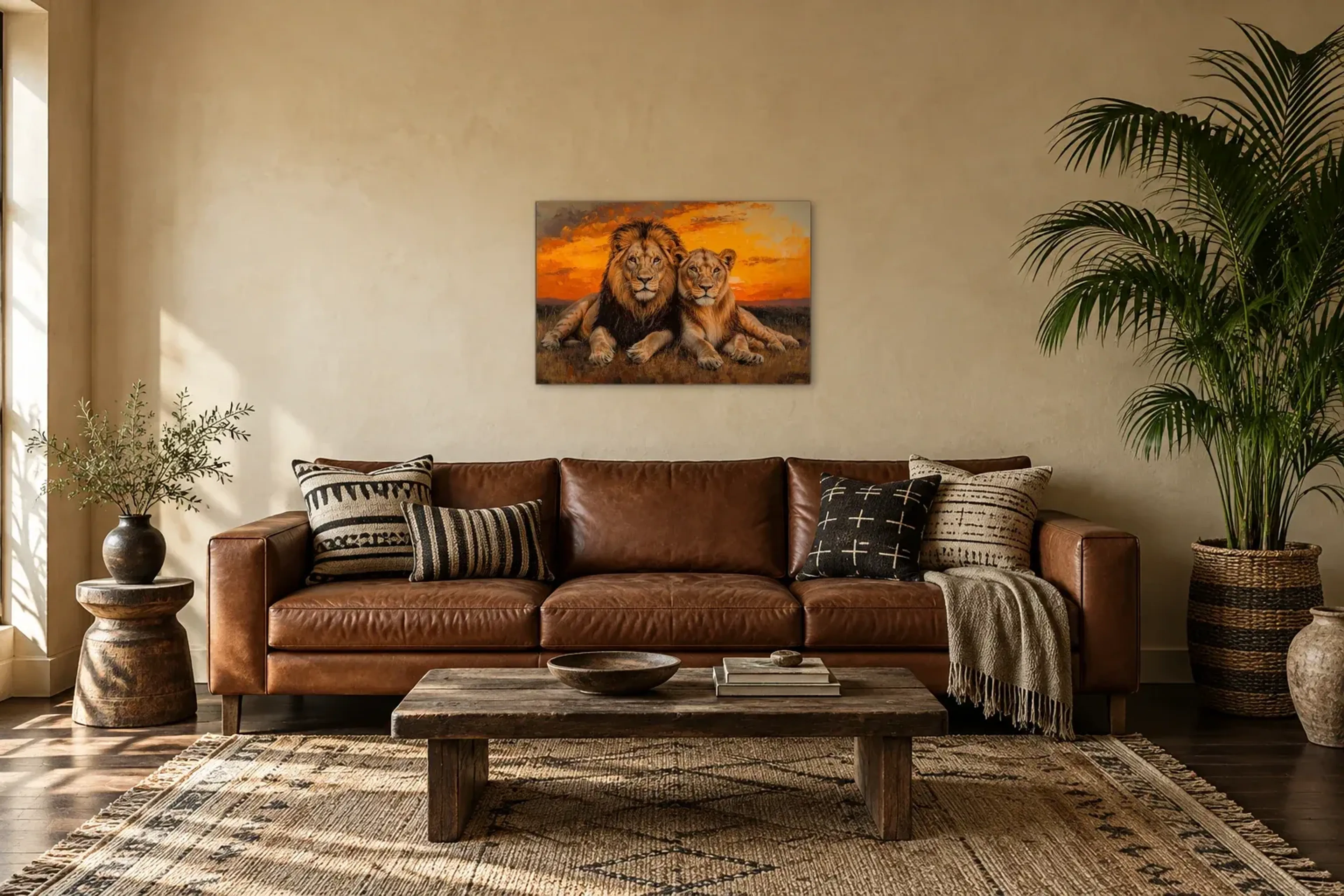 Löwenpaar als Wandbild über einem 220-cm-Sofa