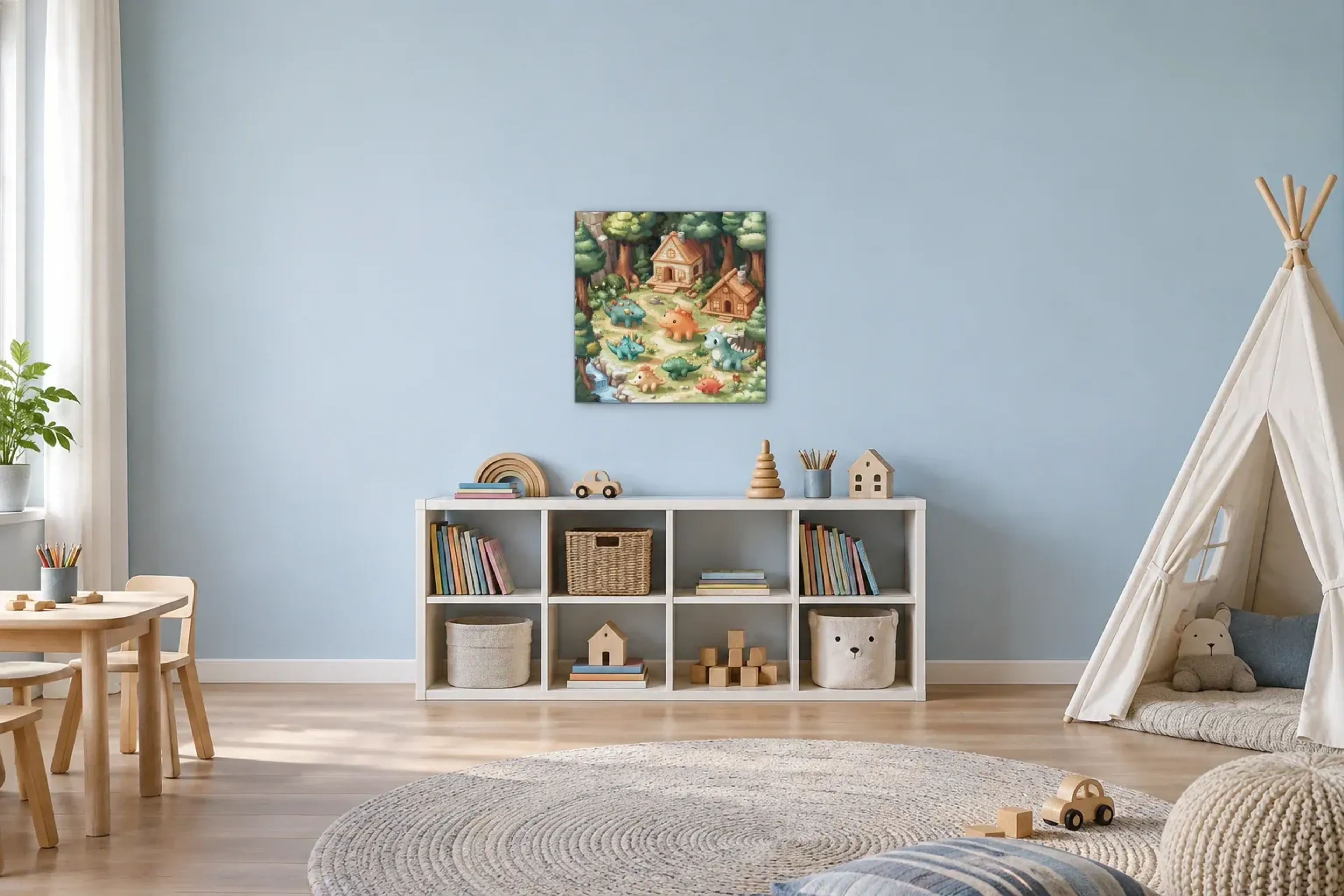 Kleines Dinodorf im Wald als Wandbild über einem 120-cm-Spielregal
