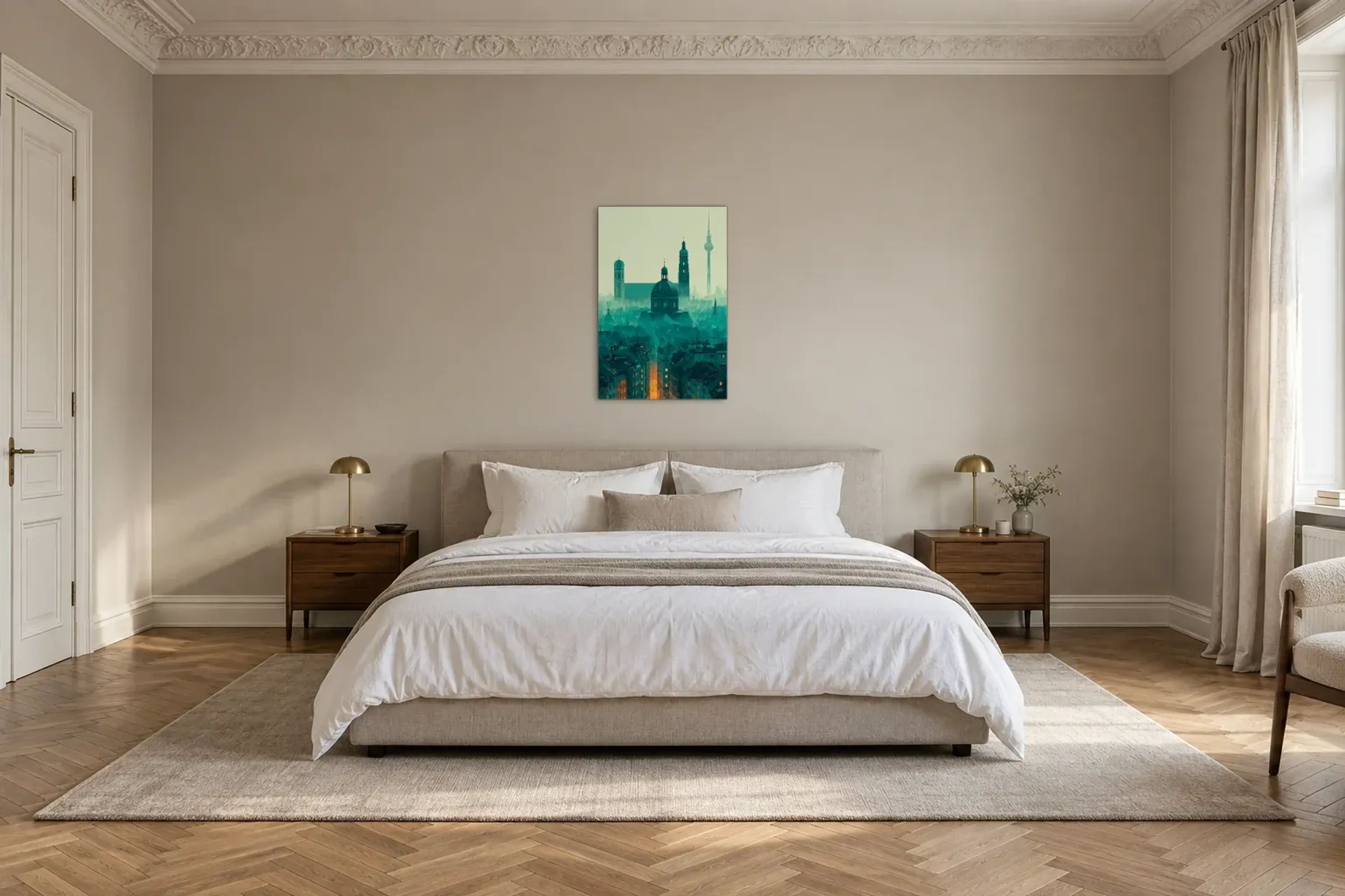 Dächer in Petrol als Wandbild über einem 180-cm-Bett