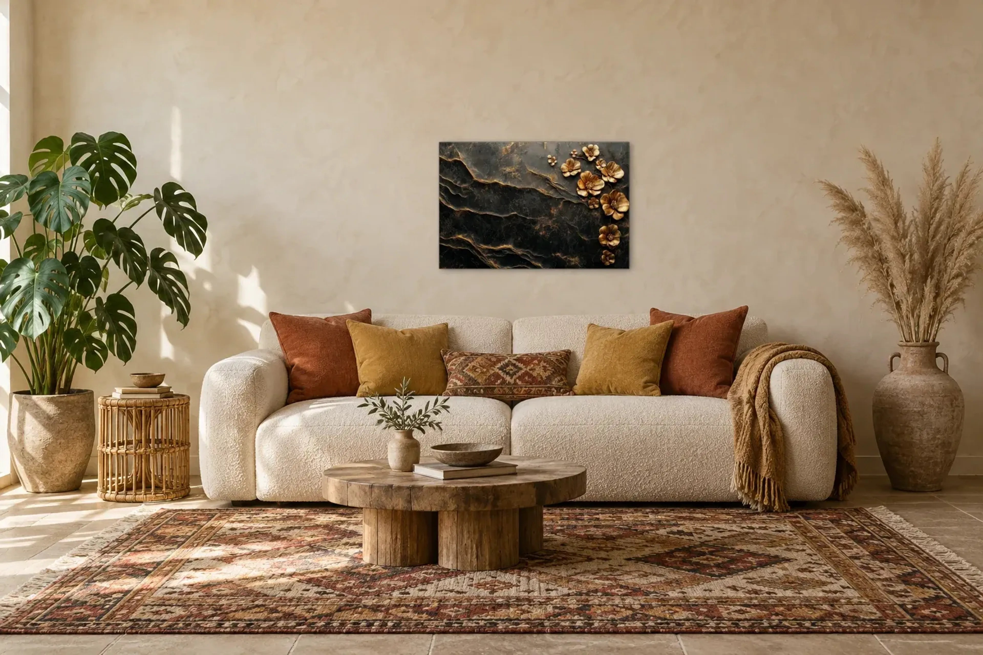 Goldene Blüten als Wandbild über einem 220-cm-Sofa