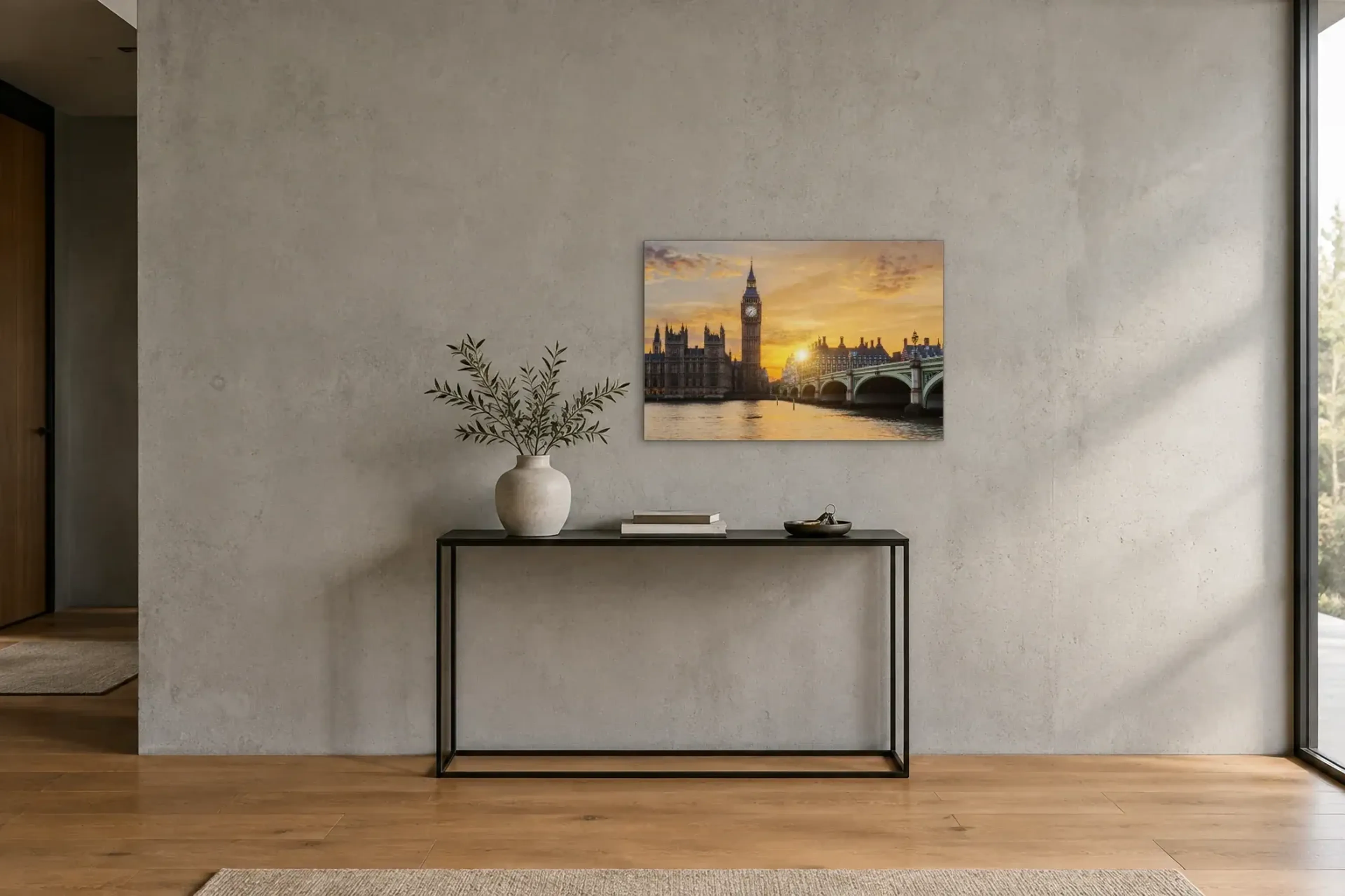 London im goldenen Licht als Wandbild über einer 120-cm-Konsole