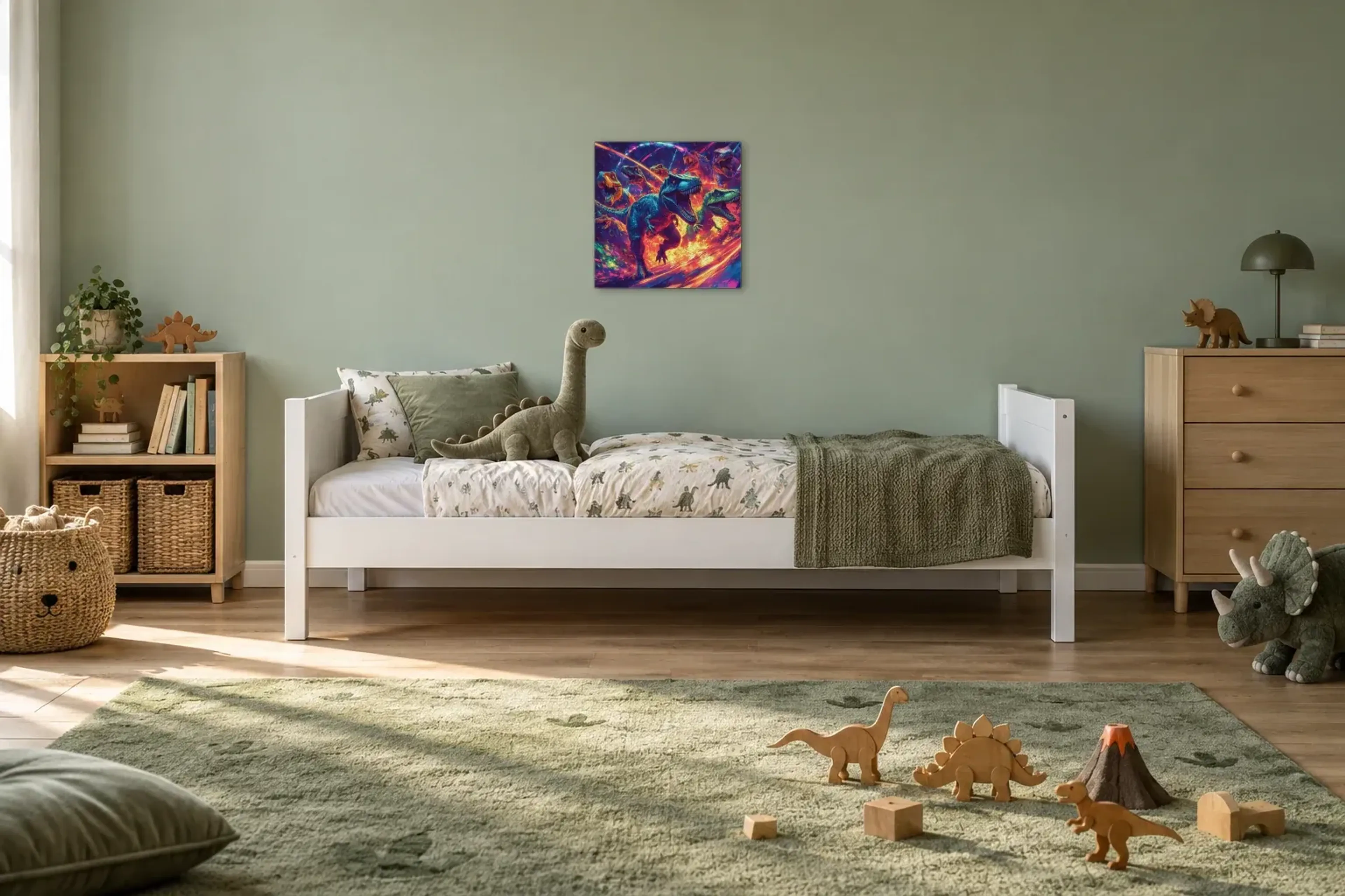Dinosaurier im Neonwirbel als Wandbild über einem 200-cm-Kinderbett