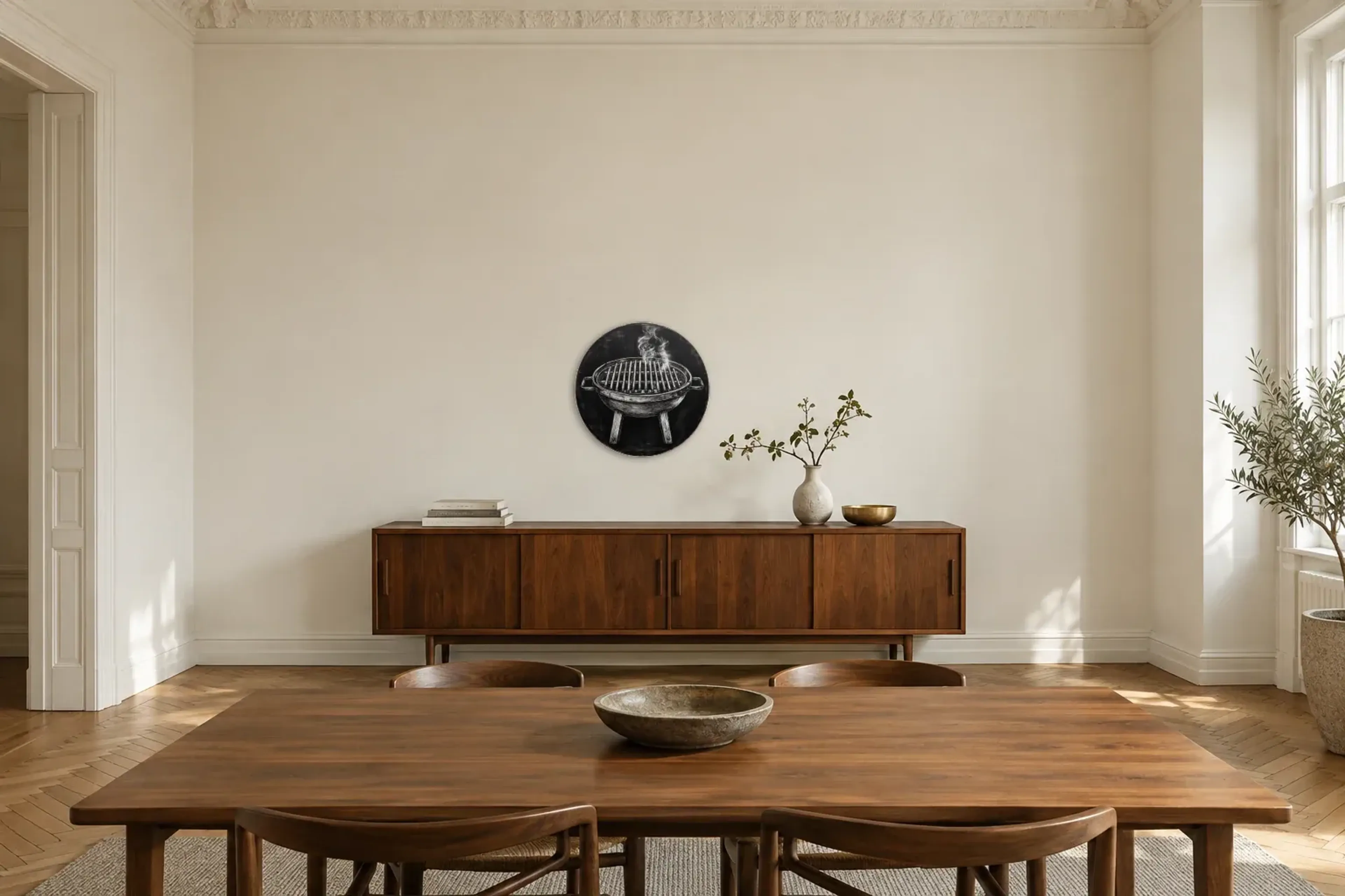 Grill als Wandbild über einem 200-cm-Sideboard