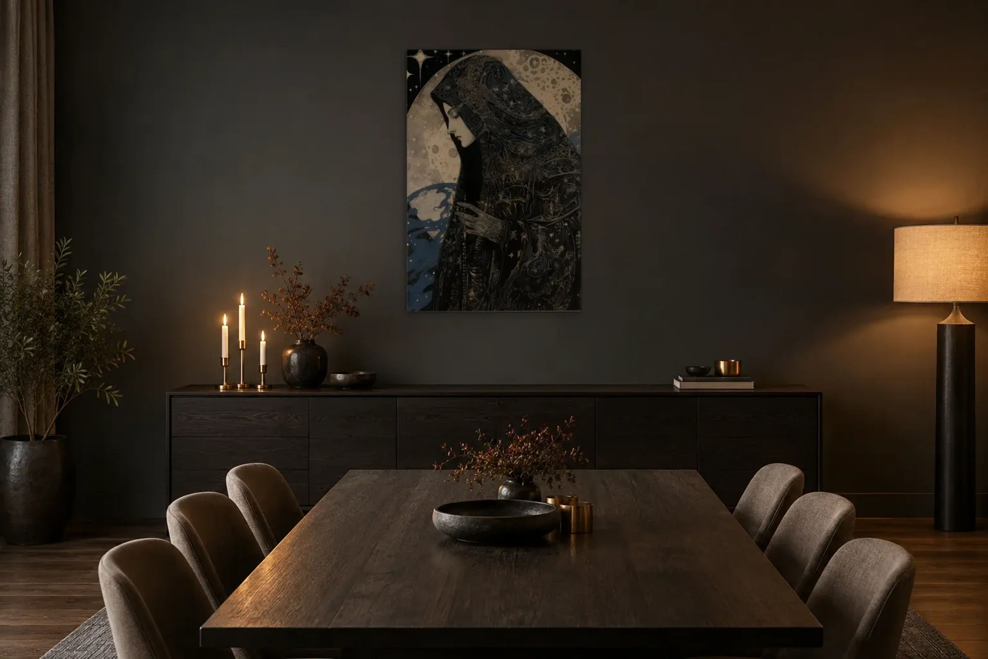 Frau im Mondlicht als Wandbild über einem 180-cm-Sideboard