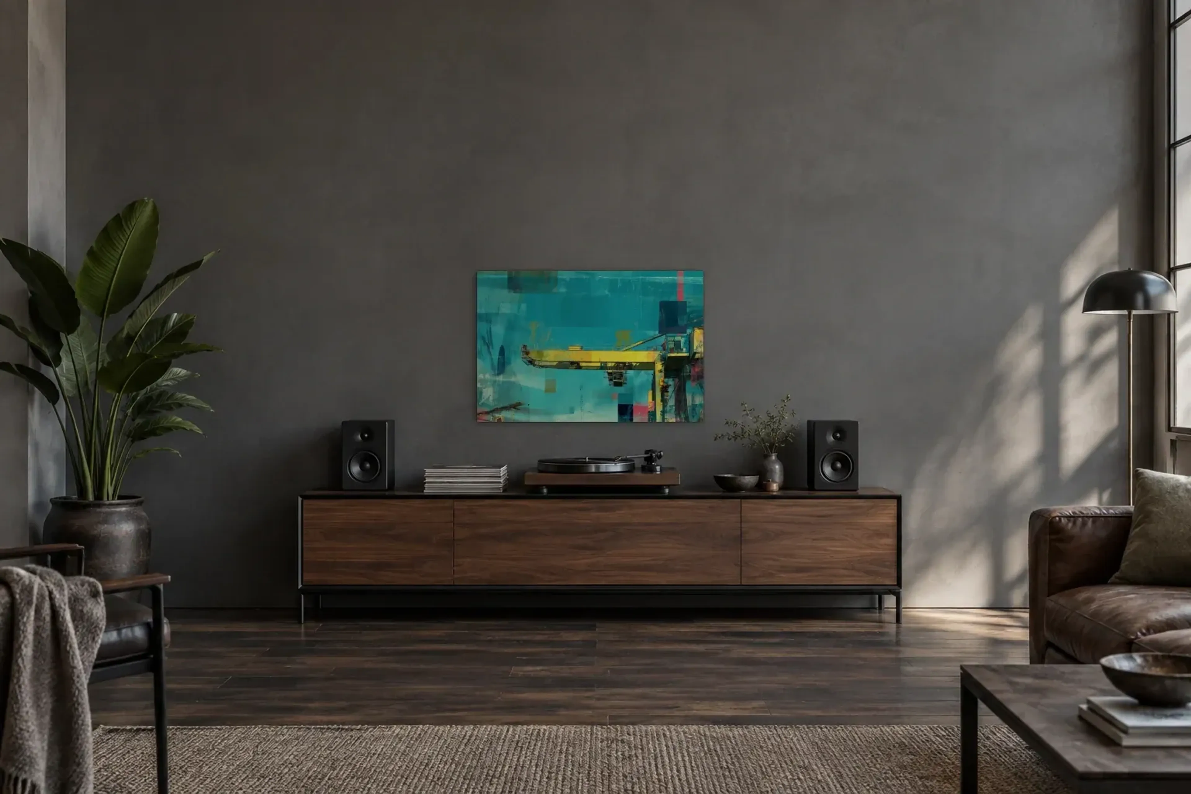 Gelber Kran im Türkis als Wandbild über einem 200-cm-Sideboard